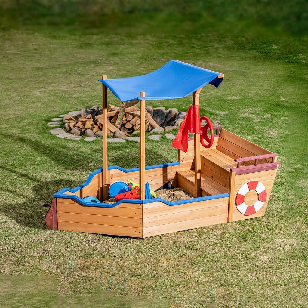 Large Pirate Ship Sandbox with Cover, Wooden Sand Box with 2 Foldable Bench Seats, Outdoor Sandpit Adjustable UV-Resistant Roof & Bottom Liner,Sand Box for Backyard,Beach