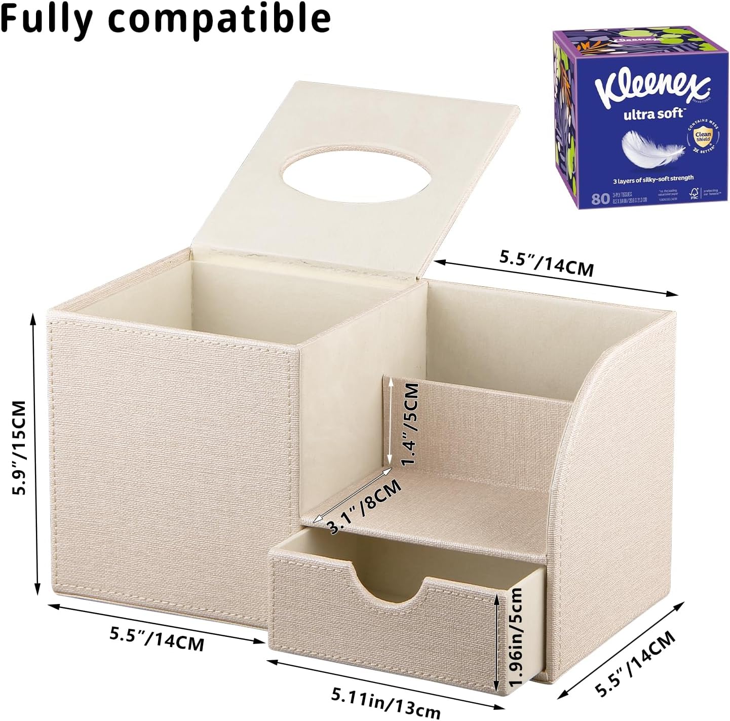 Tissue Box Cover with Drawer Organizer and Storage Tray,Cube Tissue Holder | PU Leather Tissues and Remote Holder,Decorative Facial Paper Nightstand Desk Organizer for Bathroom Vanity coffee table