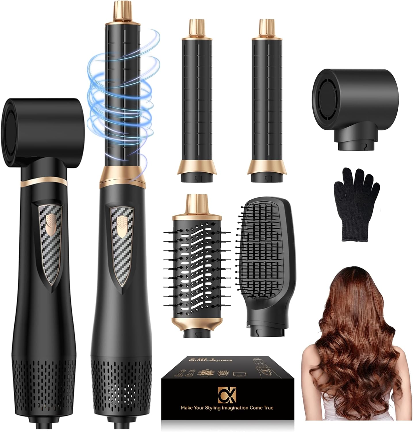Pro Airstyler 5-in-1 Set Airbrush Hair Styler Ion Blow Dryer Brush with 30 mm Hot Air Curler Hair Styler 1000W Hair Dryer Warm Air Brush Hair Dryer for Volume, Drying, Smoothing and Curling