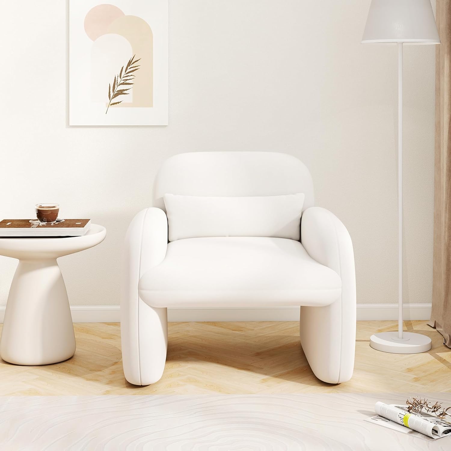 Giantex Modern Accent Chair for Living Room, Sherpa Fabric Upholstered Armchair w/Waist Pillow, Comfy Reading Chair w/Armrests, Small Single Sofa for Bedroom, Reception, Apartment, Office, White
