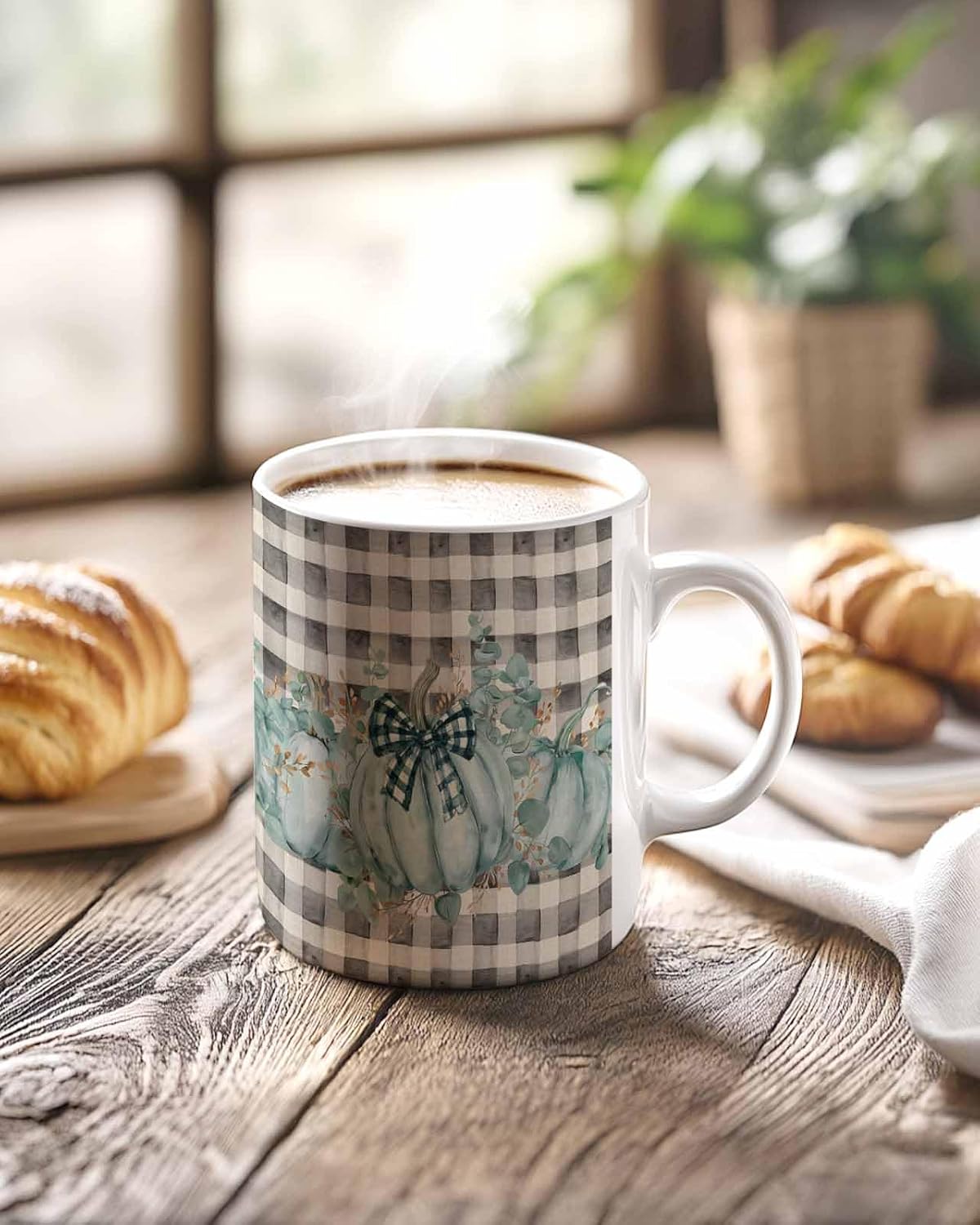 BEMIGO Ceramic Coffee Mug Fall Vintage Buffalo Plaid Ceramic Mug White Cup, Aqua Pumpkin Insulated Coffee Cup with Handle with Pattern Perfect for Tea and Hot Beverages, 12oz