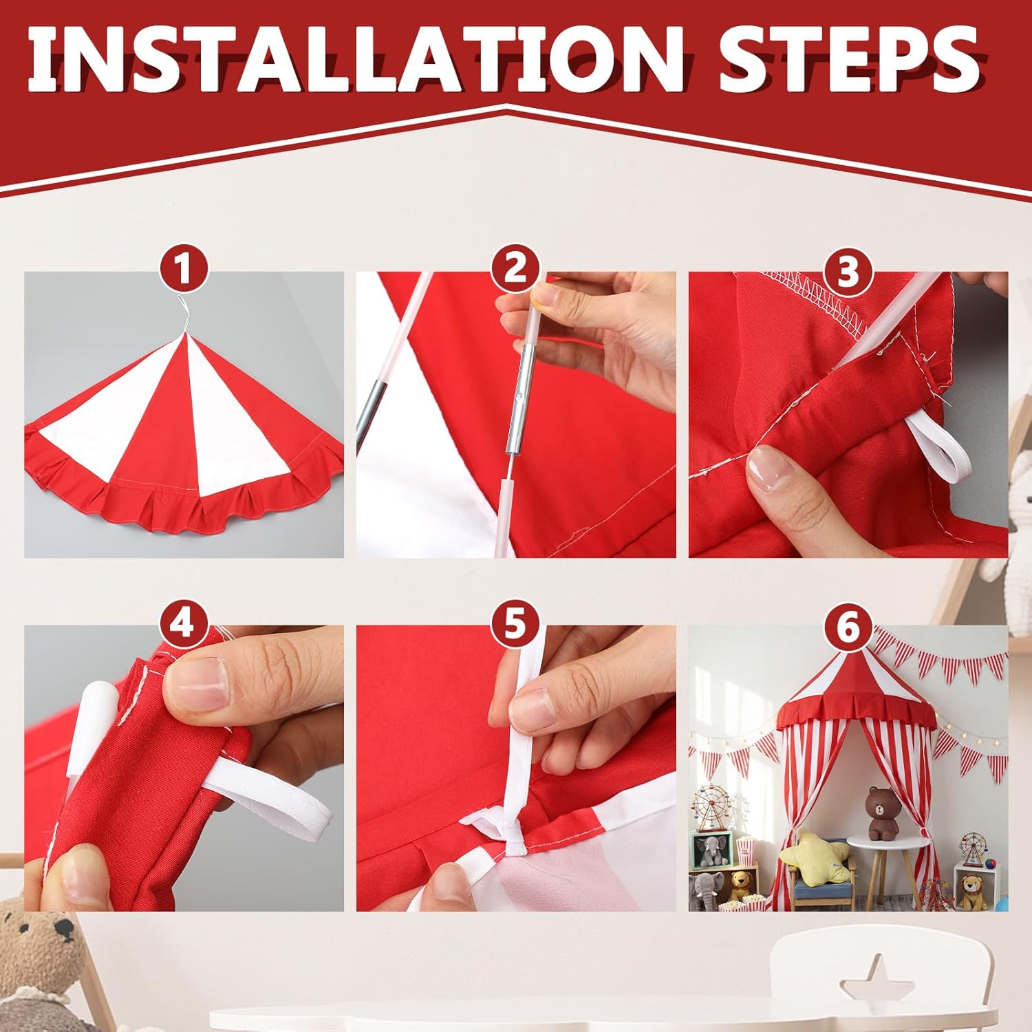 Preboun 4 Pcs Carnival Circus Tent Decor Backdrop 6 x 3 ft Red and White Indoor Reading Nook Hanging Party Decoration Canopy for Home Outdoor Circus Festive Birthday Candy Theme Party Photography