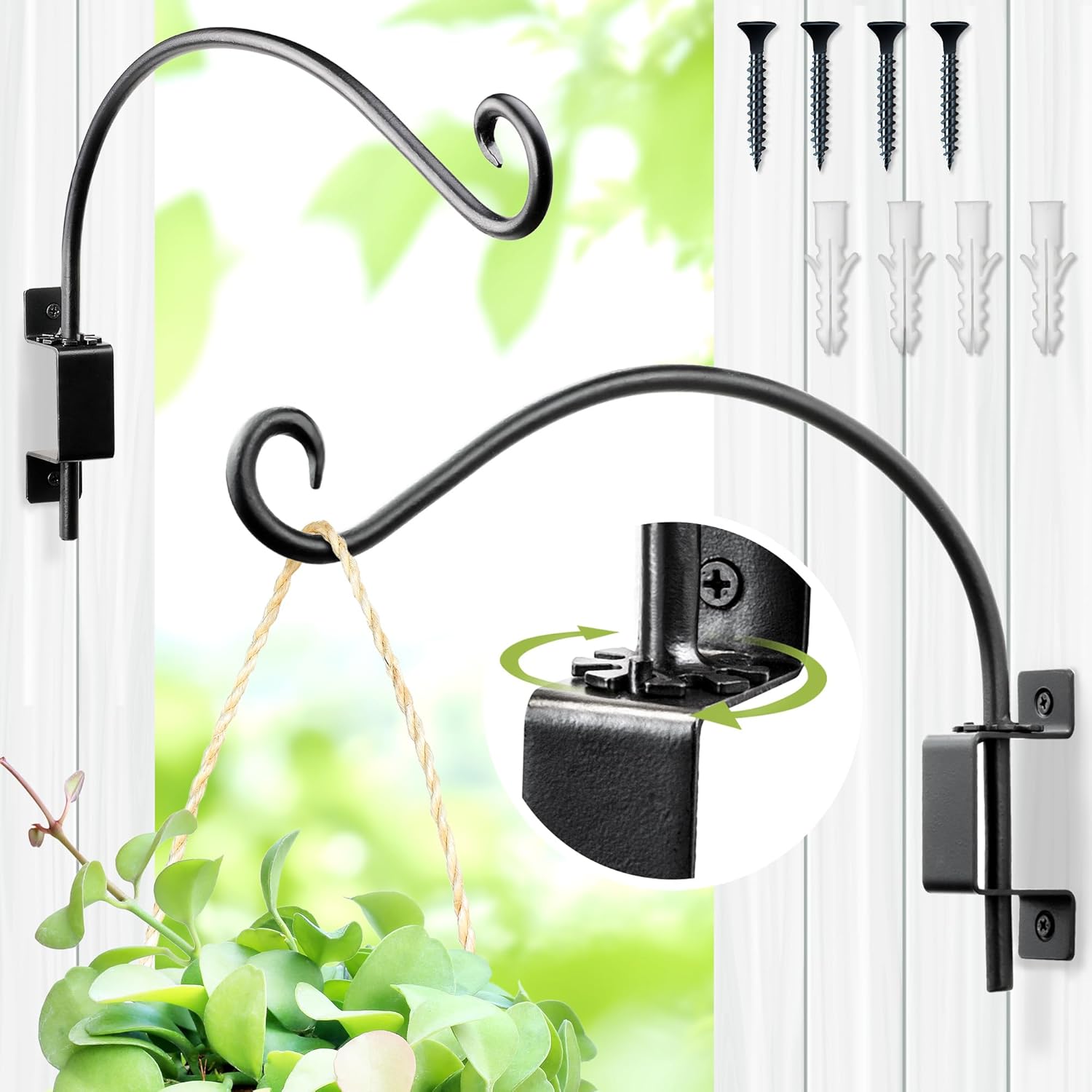 Qiang Ni Plant Hanger Outdoor: 16 Inch Bird Feeder Bracket for Garden Patio Decor - 2 Piece Swivel Adjustable Wall Mount Plant Hook for Hanging Flower Baskets