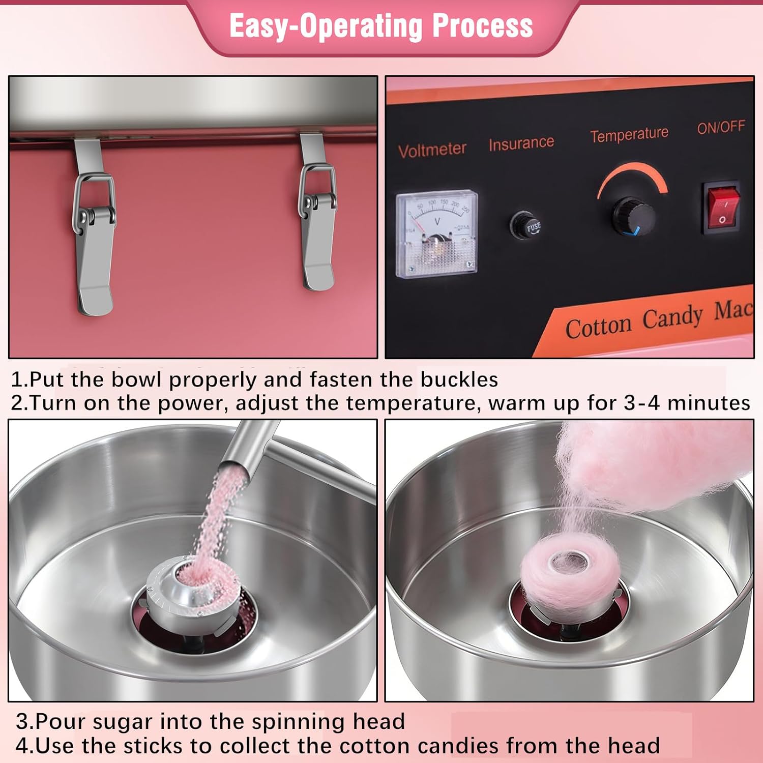 Commercial Cotton Candy Machine, 1000W Electric Floss Maker, Cotton Candy Machine With Stainless Steel Sugar Scoop And Drawer, For Carnival, Kids Birthday, Family Party,Pink W/Cart