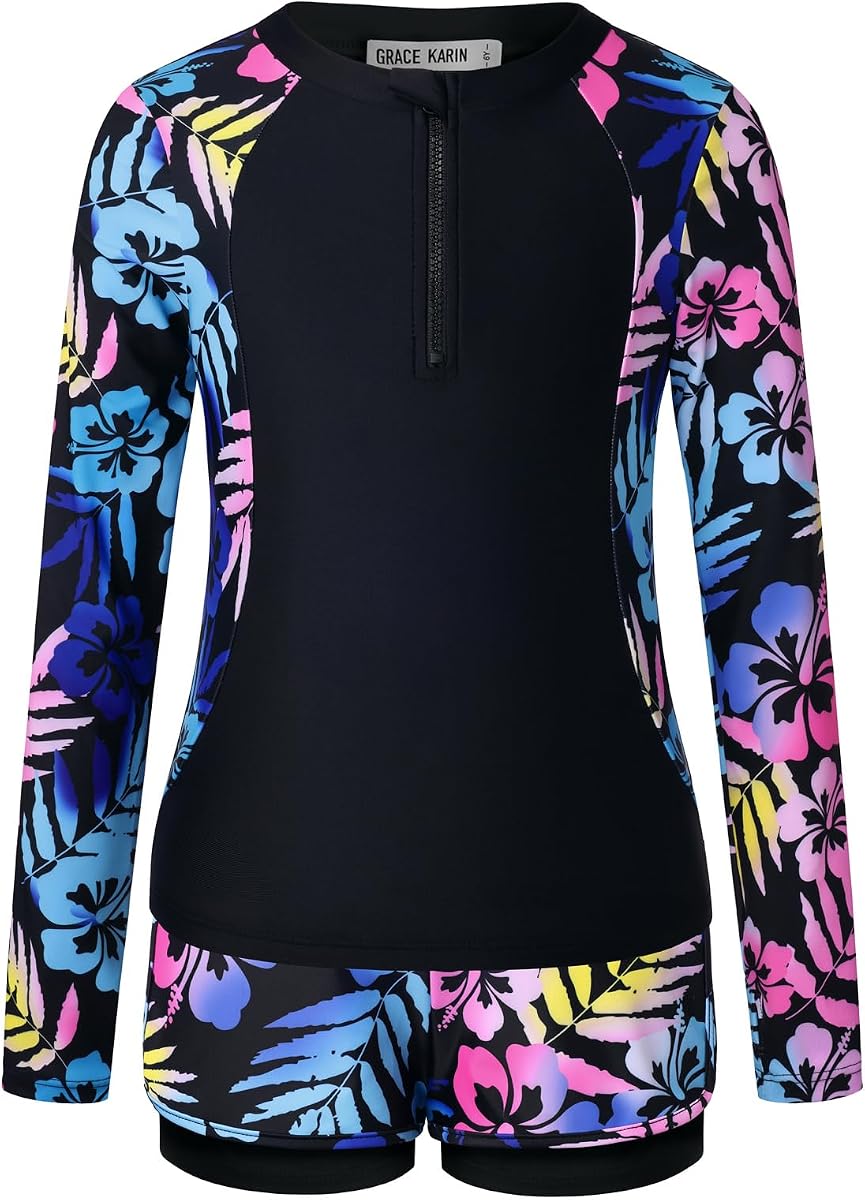 GRACE KARIN Girls Rash Guard Swimsuit UPF 50+ Two Piece Swimwear Size 6-12Y