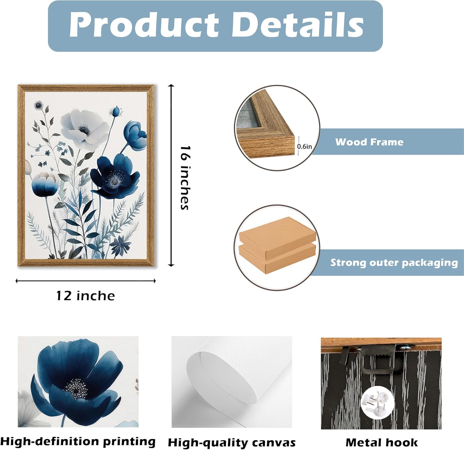 DUWQU 3 Pcs Blue Floral Canvas Wall Art, Wood Framed Navy Blue Wildflower Lily Daisy Wall Decor, Watercolor Botanical Flower Home Poster Art Prints for Living Room Bedroom Bathroom 12×16 Inches