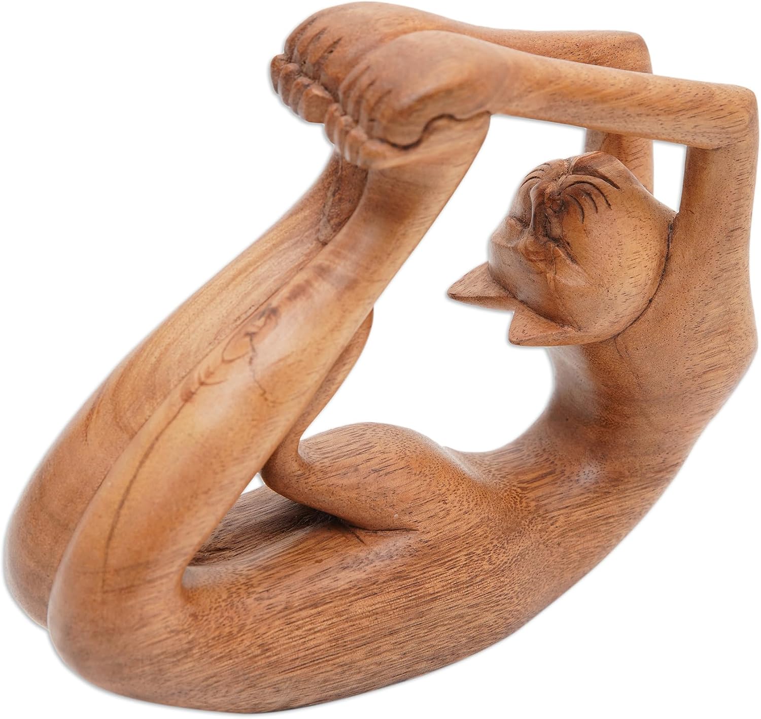 NOVICA Artisan Handmade Wood Sculpture Suar of Cat in Dhanurasana Yoga Pose Brown Indonesia [6.75in H x 8.25in W x 2.2in D] ' Dhanurasana Kitty'