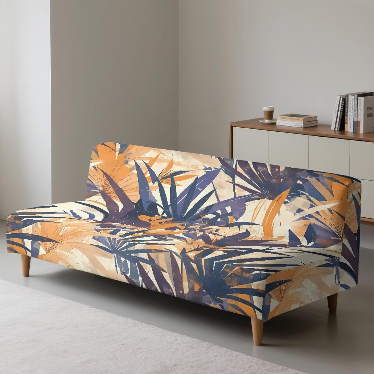 Merkmak Coastal Futon Cushion Cover Tropical Palm Leaves Armless Couch Cushion Cover for Futon Sofa Slipcover Without Arms Non-Slip Furniture Protector for Hotel Living Room