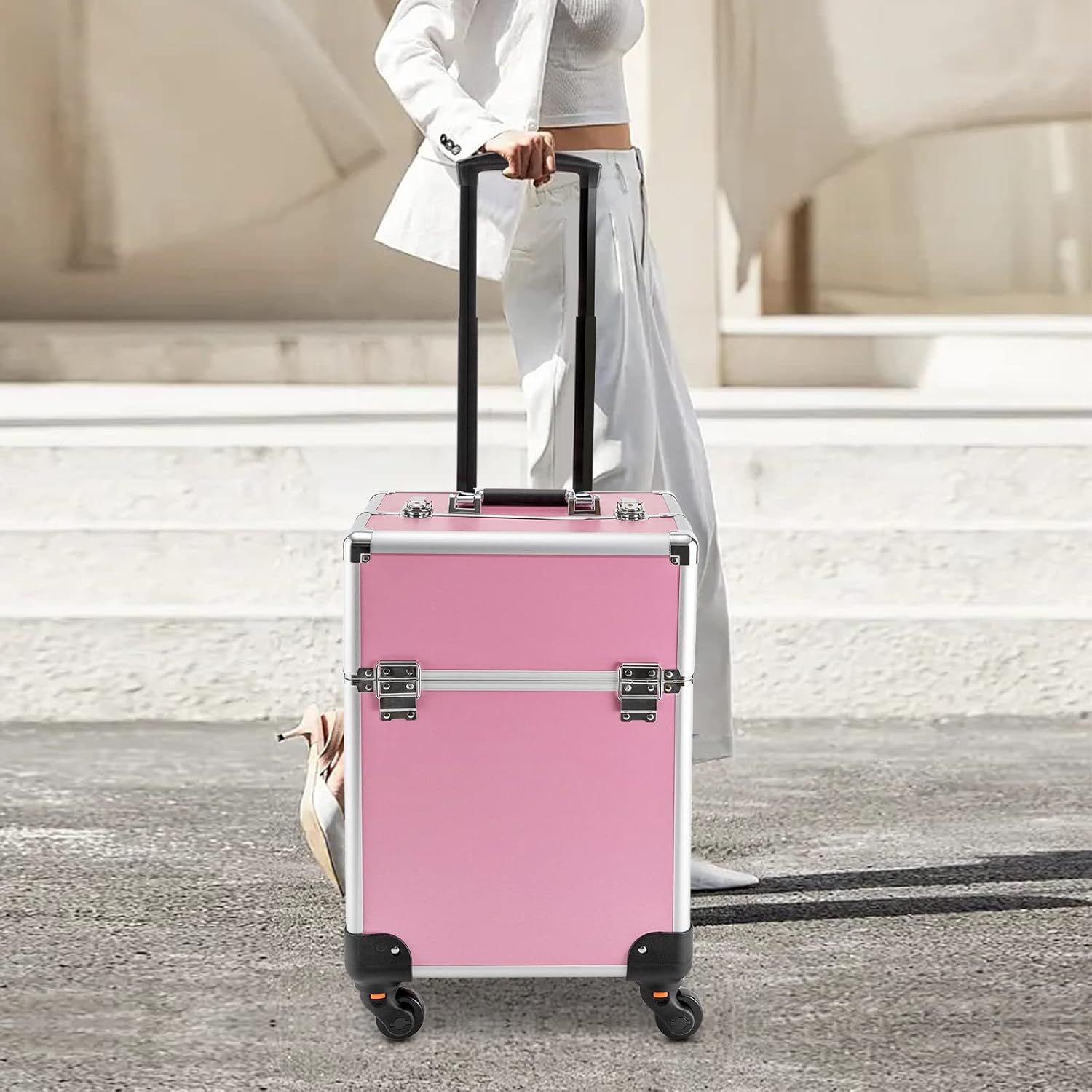 CNCEST Rolling Makeup Train Case,Cosmetics Beauty Nail Salon Hairdresser Trolley Case,Professional Makeup Trolley for Studio or Travelling Nail Technician Artists Cosmetologist Stylist (Pink)