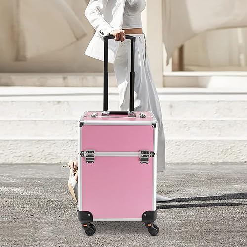 Miniatura 5 de Caja de tren de maquillaje rodante de aluminio, carrito cosmético profesional, organizador de almacenamiento de maquillaje, estuche de peluquero con