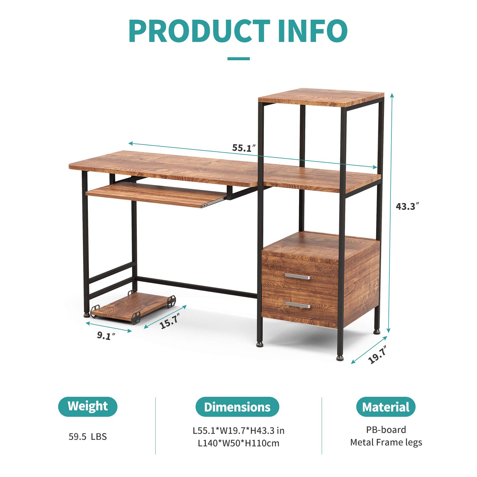 Mecor Computer Desk with 2 Drawers/Keyboard Tray, 55" Modern Writing