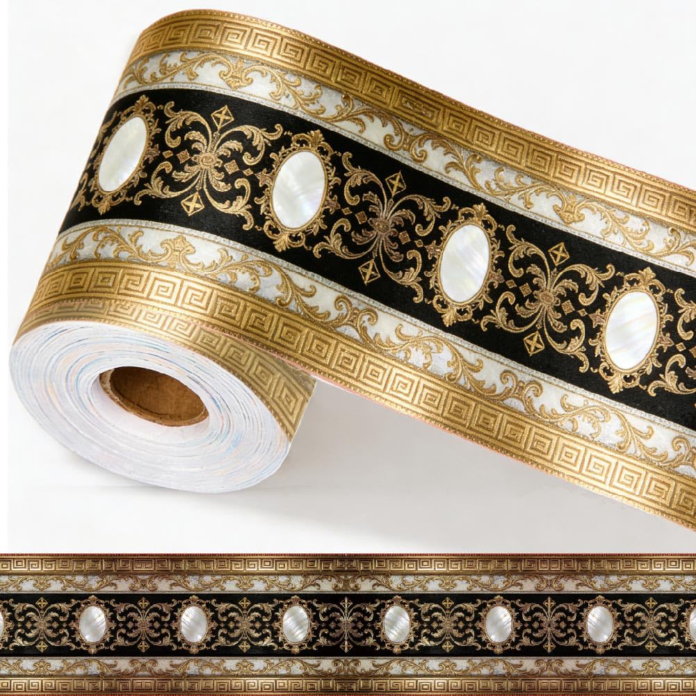 PRESSINART Black Gold Wallpaper Border 196.9 x 3.9 Inch Wall Border Trim Peel and Stick Vintage Pattern PVC Decorative Molding Sticker for Living Room Bathroom Kitchen Backsplash Hotel Home Decoration