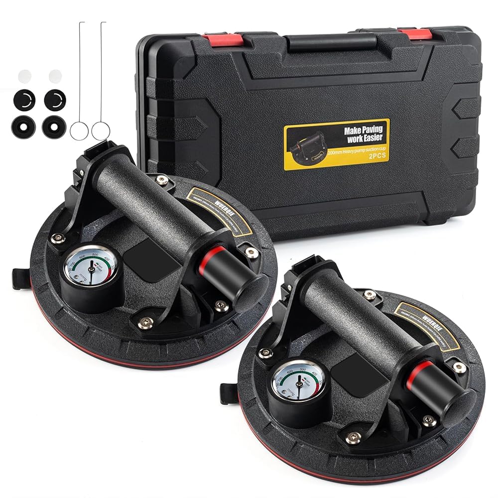 2 Pièces Ventouses en Verre de 8 Pouces avec Manomètre Pompe à Main en ABS Ventouses en Verre Puissantes pour Surfaces Planes et Lisses et Remplacement de Fenêtre/Boîte à Outils Portable Ventouses