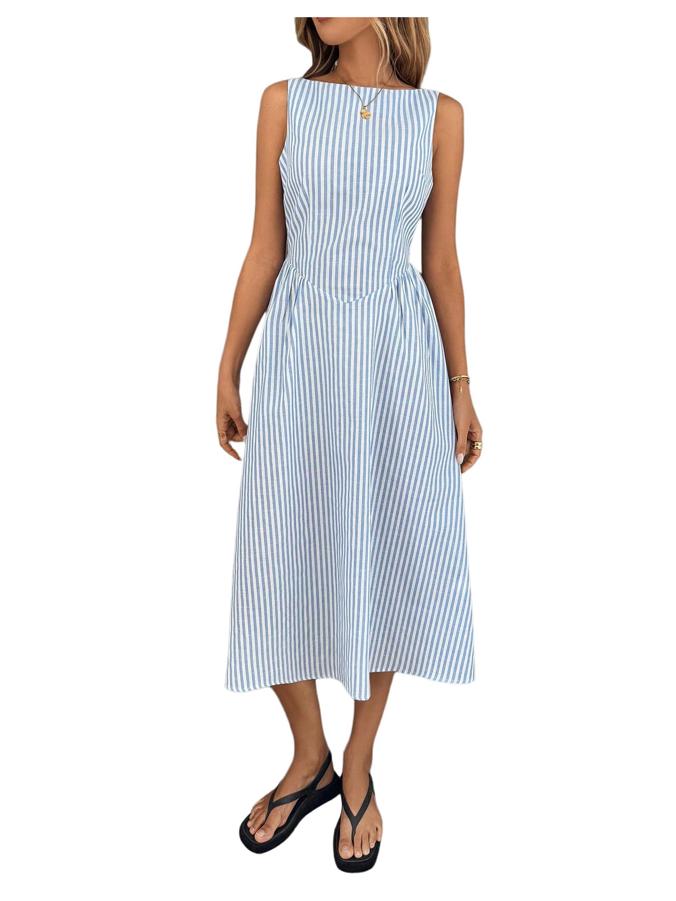 Womens Summer Striped Midi Dress Elegant Boat Neck Sleeveless Work Office Dresses