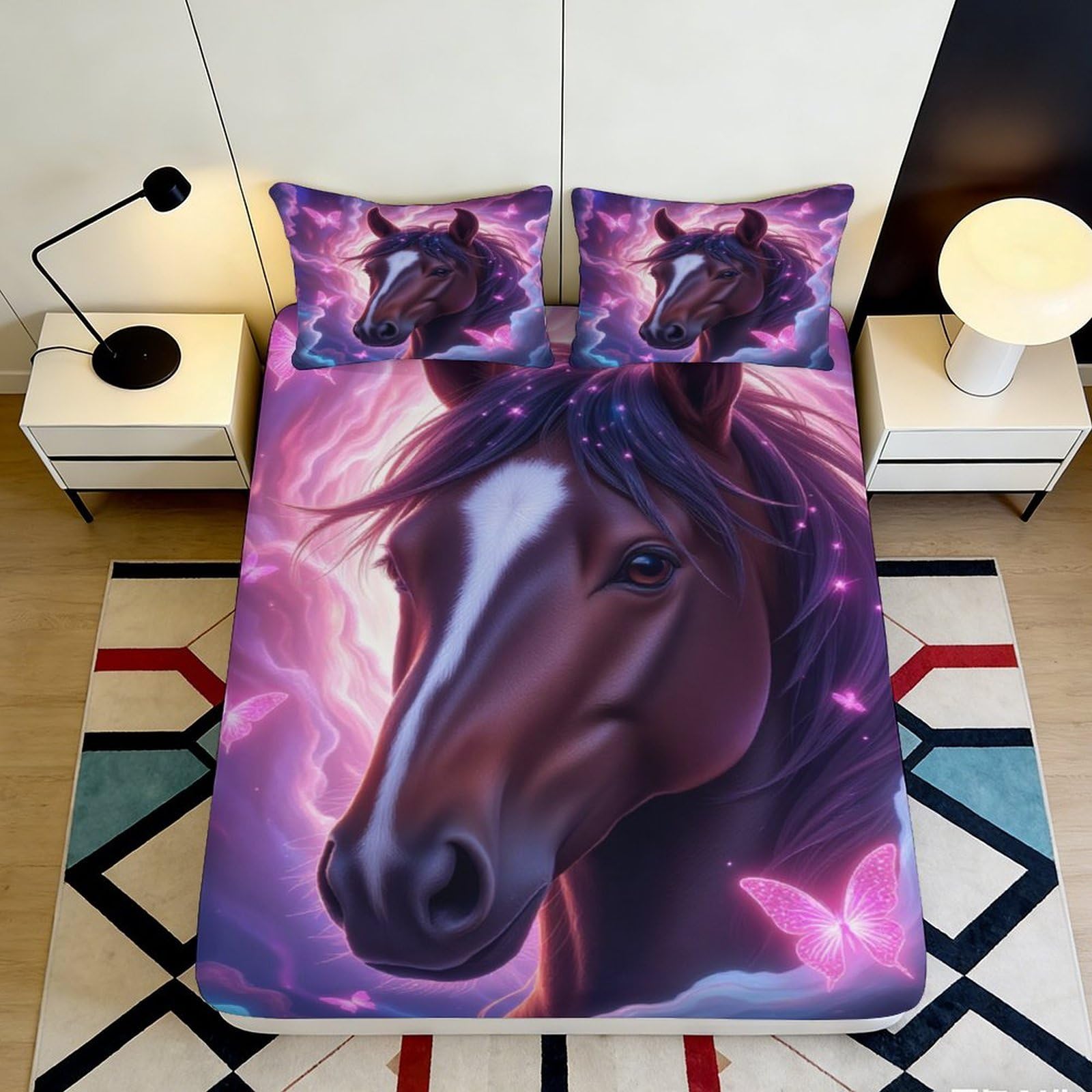 3D Printed Mystical Horse Fitted Sheet Microfiber Soft Durable Purple Glow Bed Cover for Bedroom Dormitory Guest Room Mattress Protection 140x200x25cm