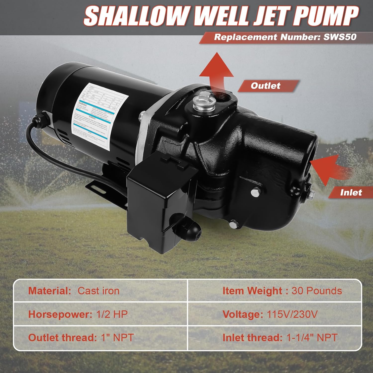 SWS50- Cast Iron Shallow Jet Well Pump - 1/2 HP 375 Gallons 0-25 FT Depth 115V 230V Dual Voltage Heavy Duty Shallow Well Pump