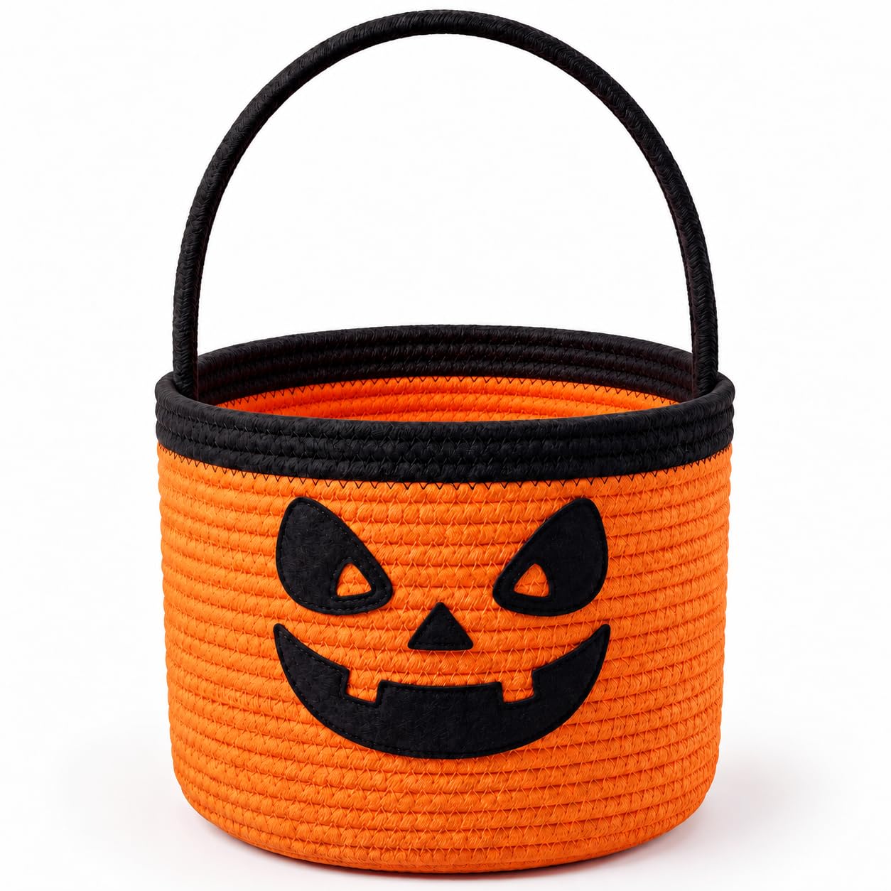 Halloween Pumpkin Basket, Large Trick-or-Treat Candy Bucket Embroidered | Roomy 2.3 Gal Capacity, Detailed Jack-O'-Lantern Face, Neat Stitching and Soft Woven Rope with an Easy-Carry Handle