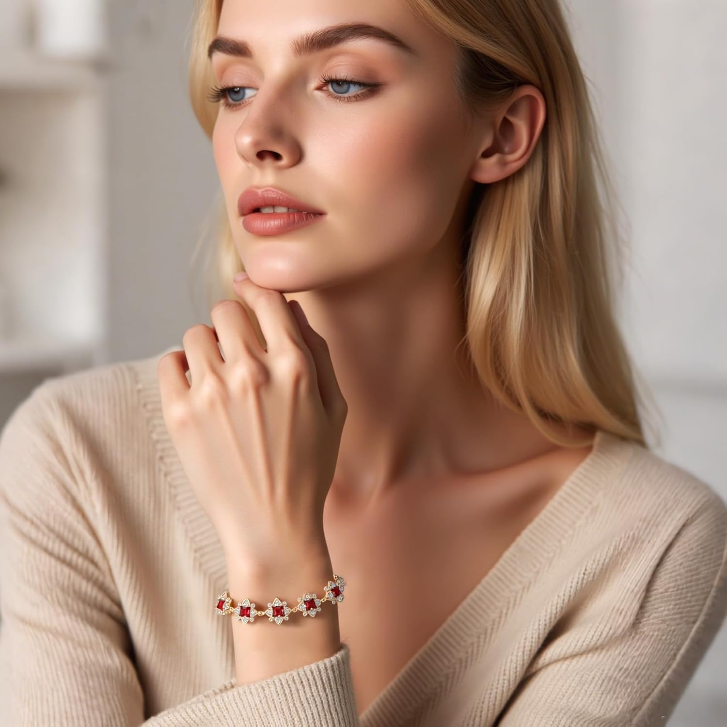 Blue/Green/Red/White Rhinstones Gold Clover Bracelet for Women - Image 3