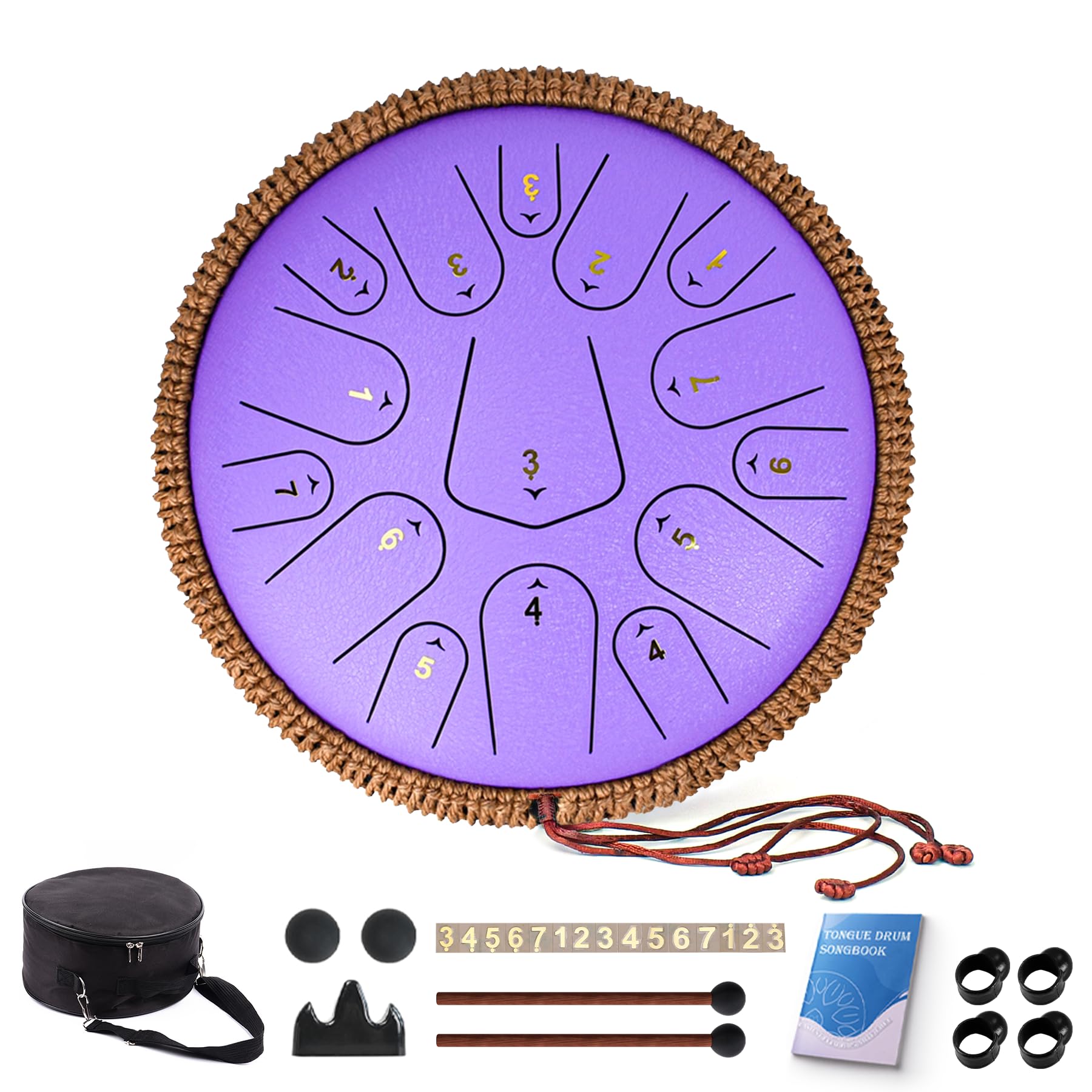 Tambour à langue en acier de 33 cm, 15 notes, do majeur 440 Hz pour adultes, enfants et débutants, cadeau de méditation, avec livre de musique, maillets et sac de transport (violet)