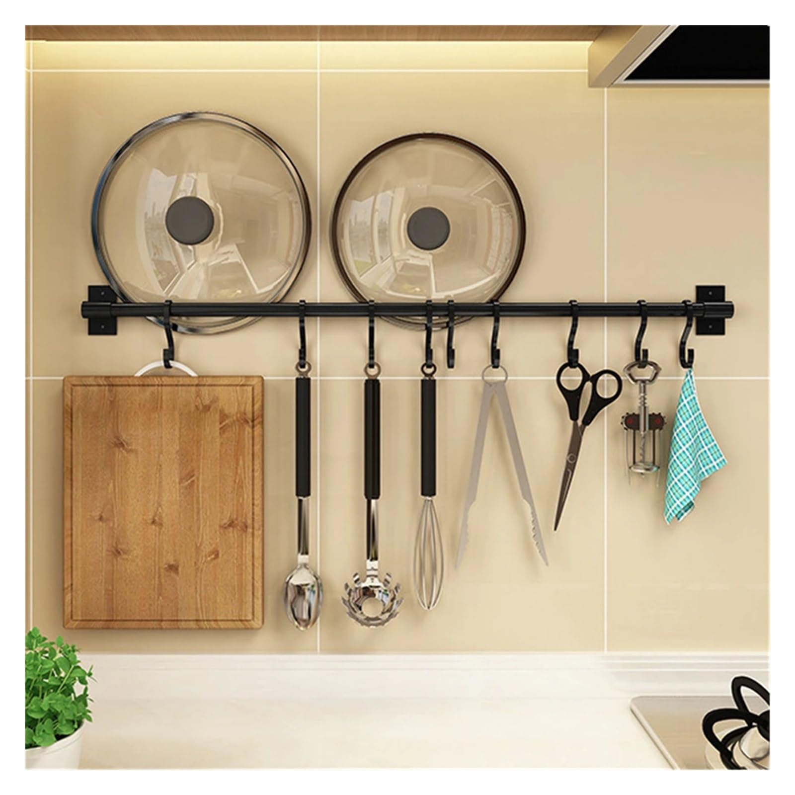 Barra Utensilios Cocina Perchero de cocina con ganchos de pared, sin perforaciones, for colgar utensilios de cocina, cucharas, palas y tablas de cortar.(Black 50CM)