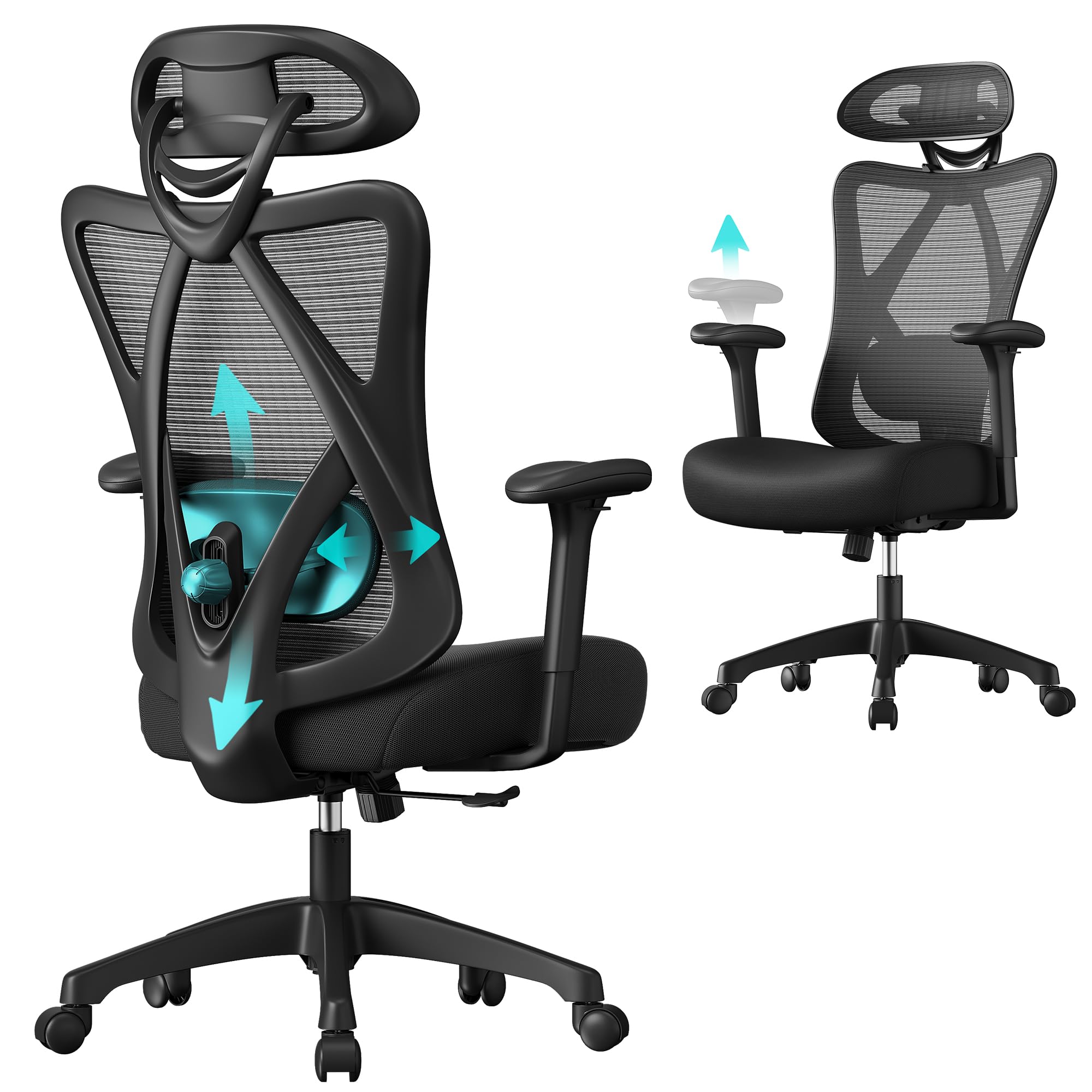 SONGMICS Office Chair, Ergonomic Desk Chair, Computer Chair, Mesh Chair, Adjustable Lumbar Support and Headrest, 150 kg, Height-Adjustable, Black OBN063B01