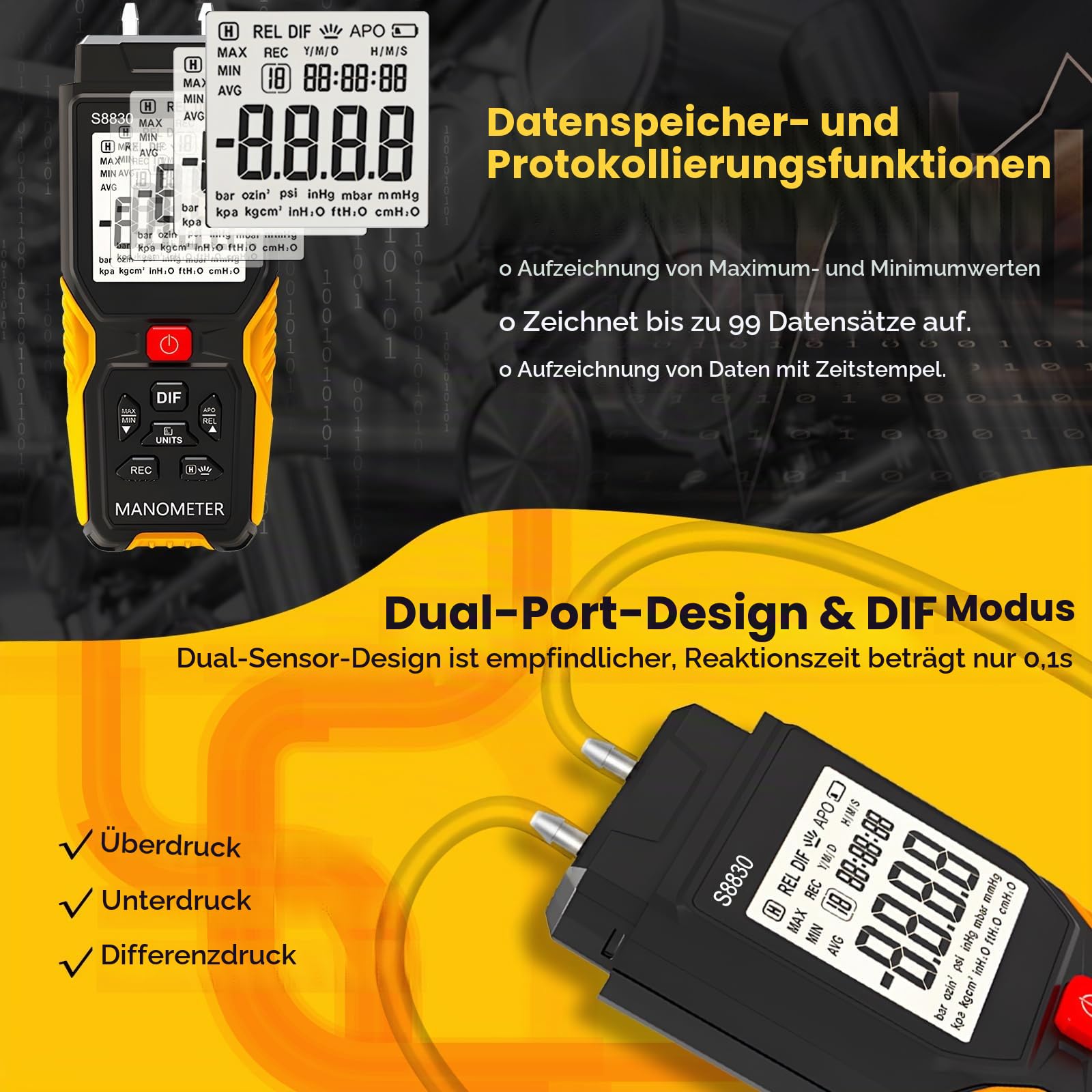 S8830 Digitales Differenzdruckmessgerät ±36.80KPa,0.1 Auflösung