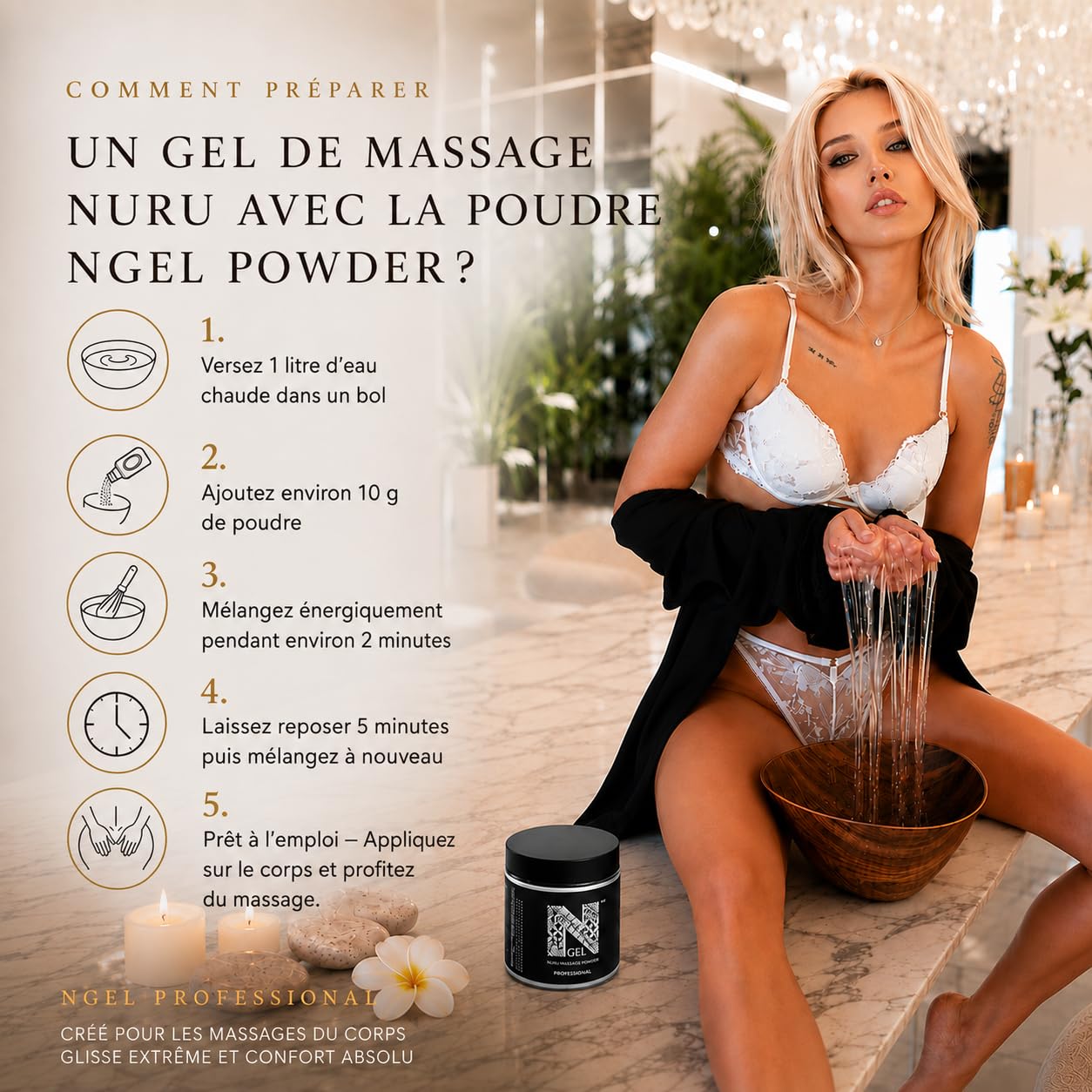 Gel de Massage Nuru en Poudre – NGel Nuru Massage Powder Professional 450g – Jusqu’à 45L de Gel – Body-to-Body – Made in EU – Sans Parfum – Algues Nori et Aloe Vera