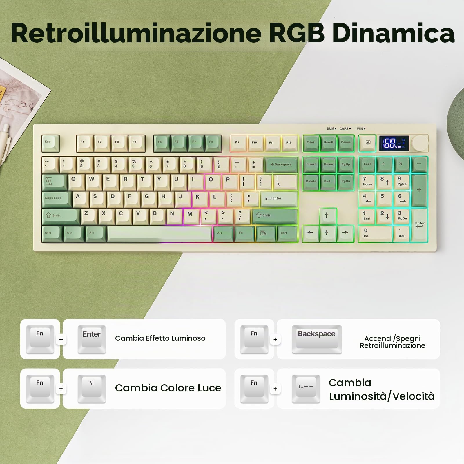 EPOMAKER AULA S102 PRO Tastiera da Gioco a Membrana con Schermo TFT, olume Knob & Number Pad, BT/2.4G/USB, RGB Backlit, Creamy Silicone Structure, Tastiera Silenziosa per Giochi PC/Ufficio (Retrò)