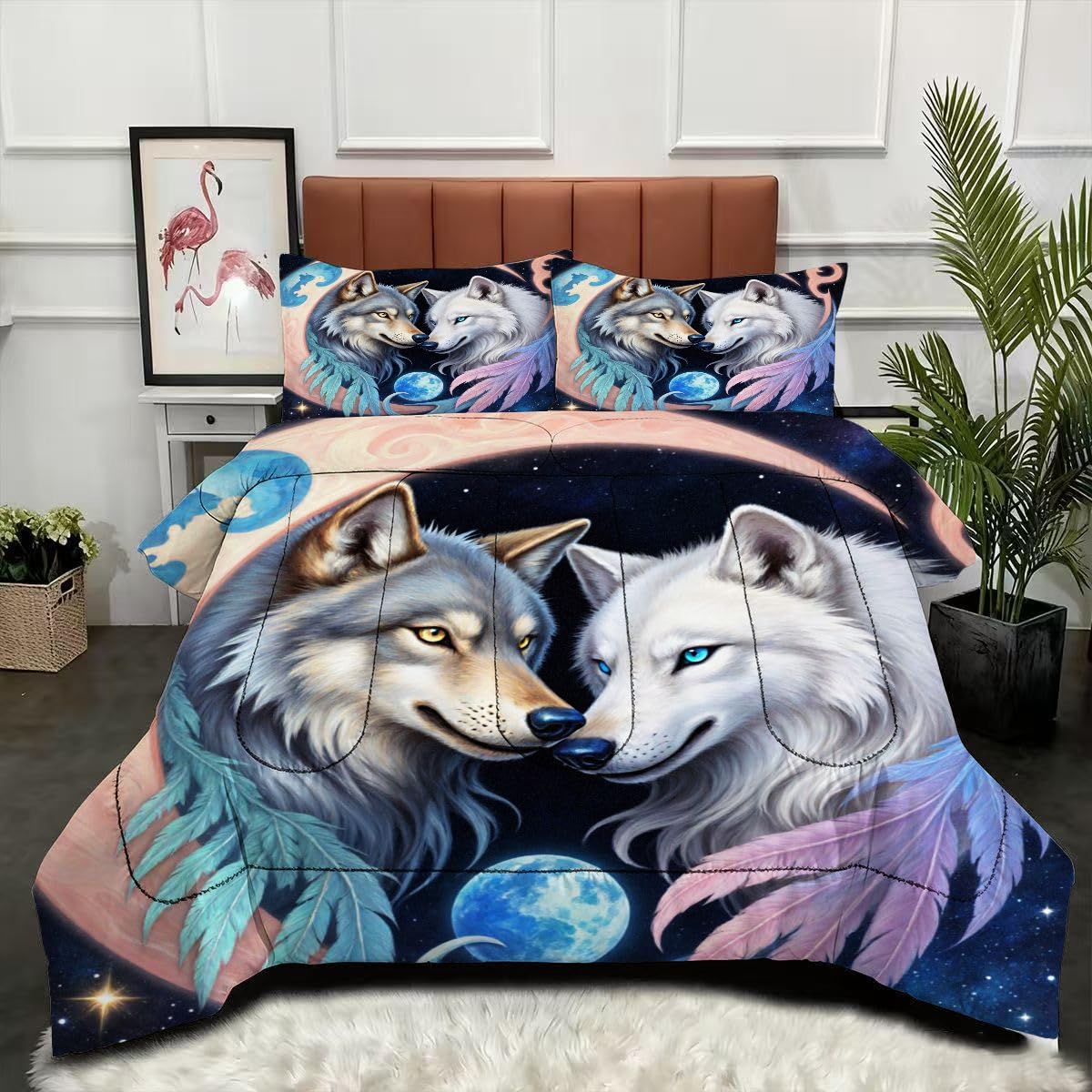 Couette réversible 220 x 240 cm motif loup avec ses deux taies d'oreiller