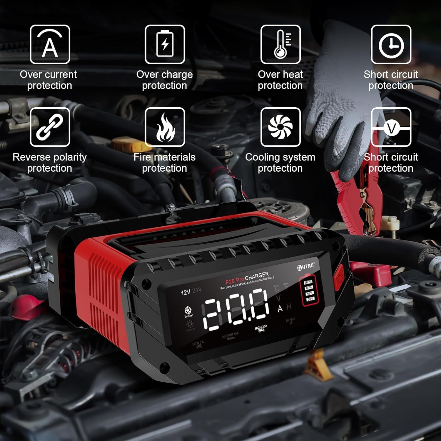 Haisito 12V/24V cargador de batería rápido inteligente, 20A, LiFePO4 de litio y ácido de plomo (AGM/Gel/SLA) para automóviles, barcos, motocicletas, entrada de 240V