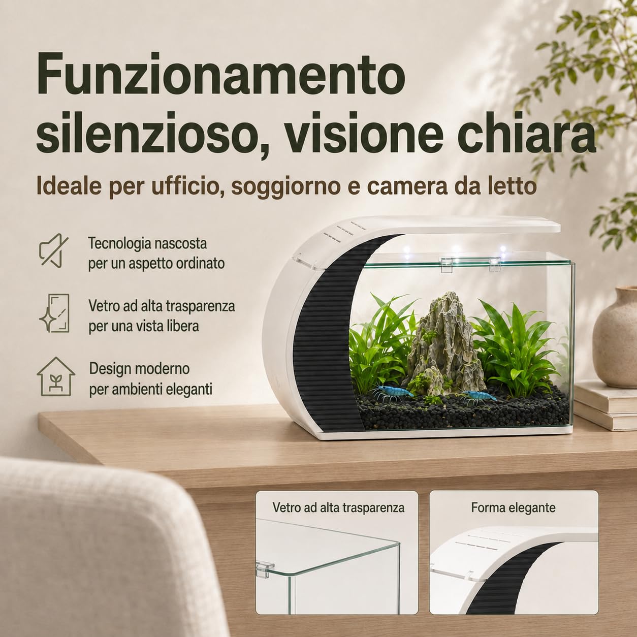 Acquario con illuminazione a LED e pompa d'acqua, capacità per pesci ornamentali, granchi, piante, ideale per soggiorno, camera da letto, ufficio, decorazione
