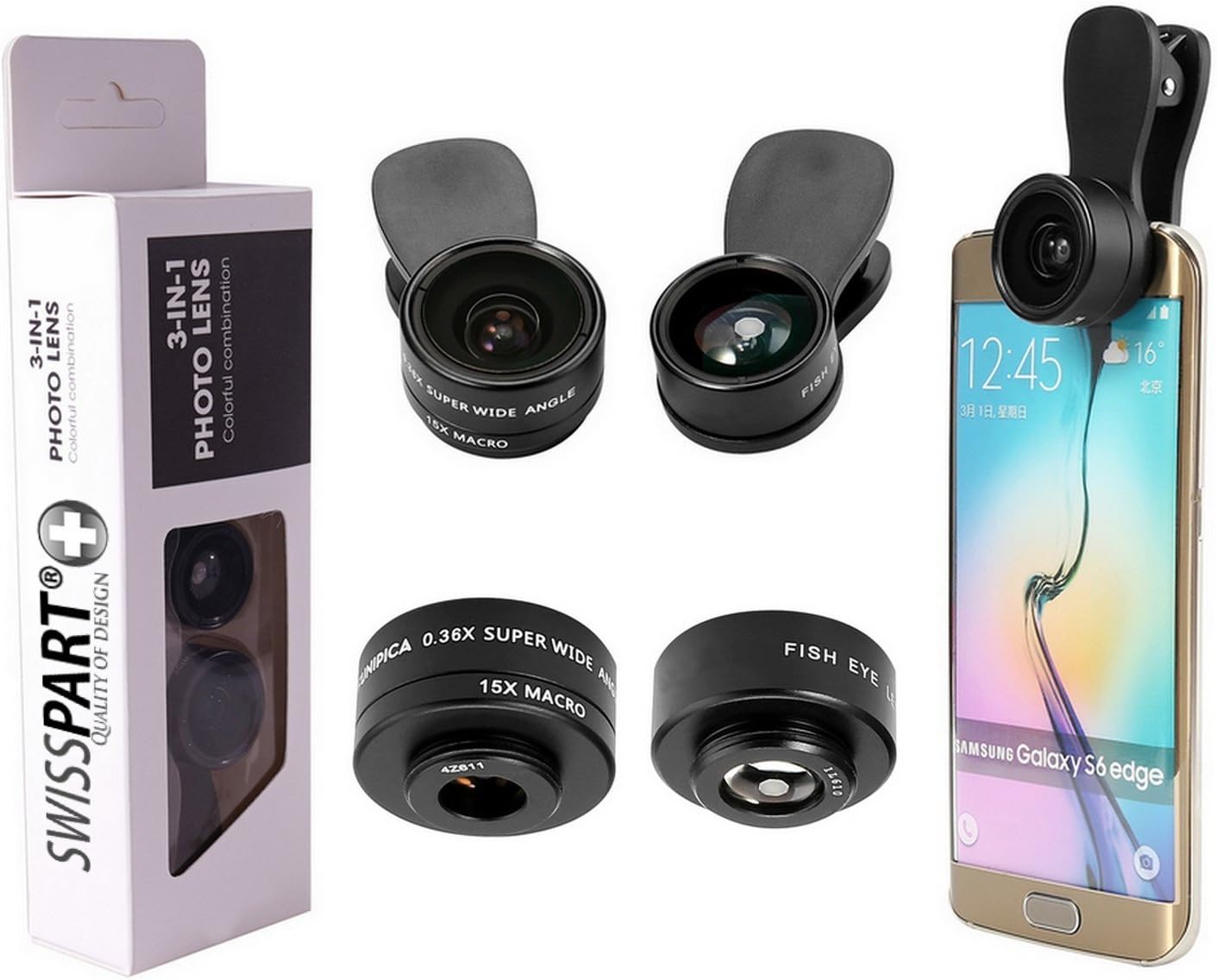 Cell Phone Camera Lens Kit 3 in 1 + Two Universal Clip On Adapter 180° Fisheye 15x Macro 0.36x Super Wide for iPhone Samsung Galaxy Smartphone