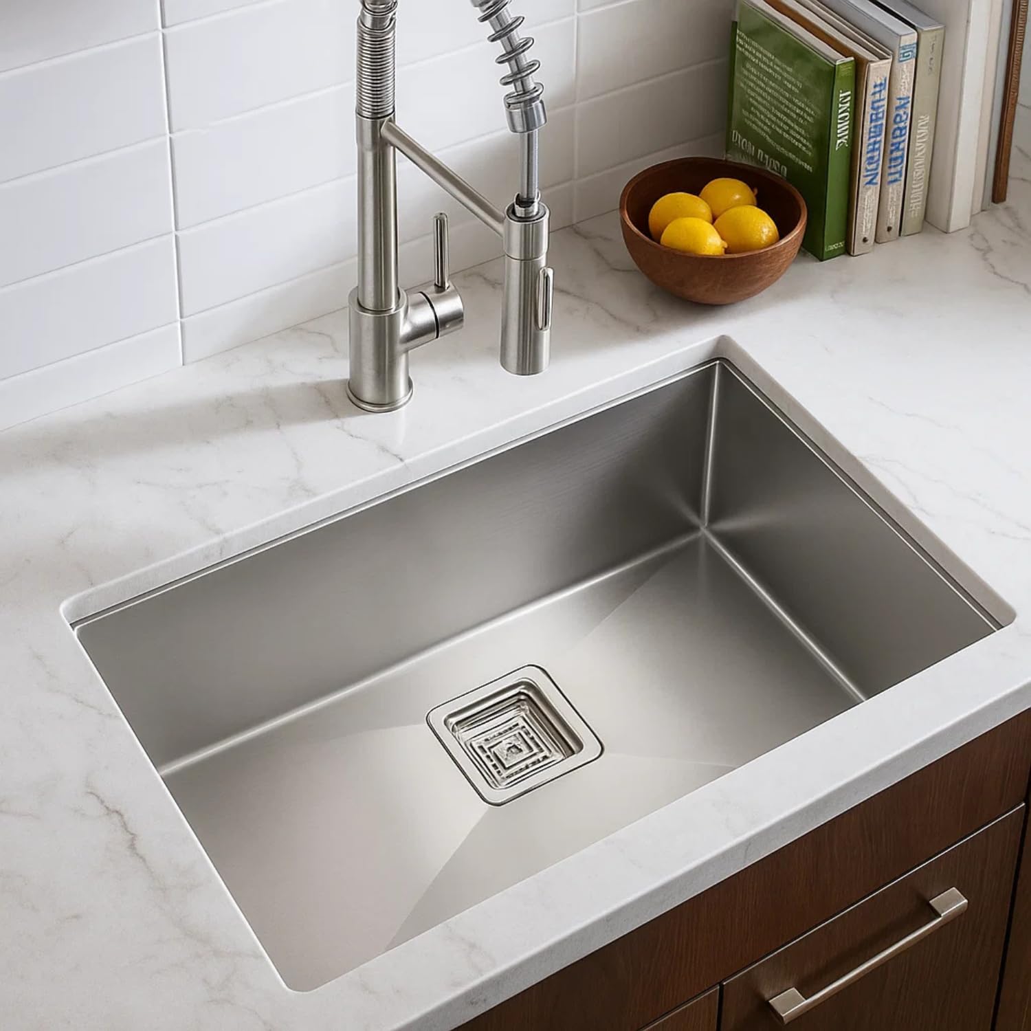 EVANEX Handmade Sink for kitchen 30x18x10 Inch Single Bowl Handmade Kitchen Sink 304 Grade Stainless Steel, Matte Finish Square Drainer & SS Fruit Basket, Rust & Scratch Resistant
