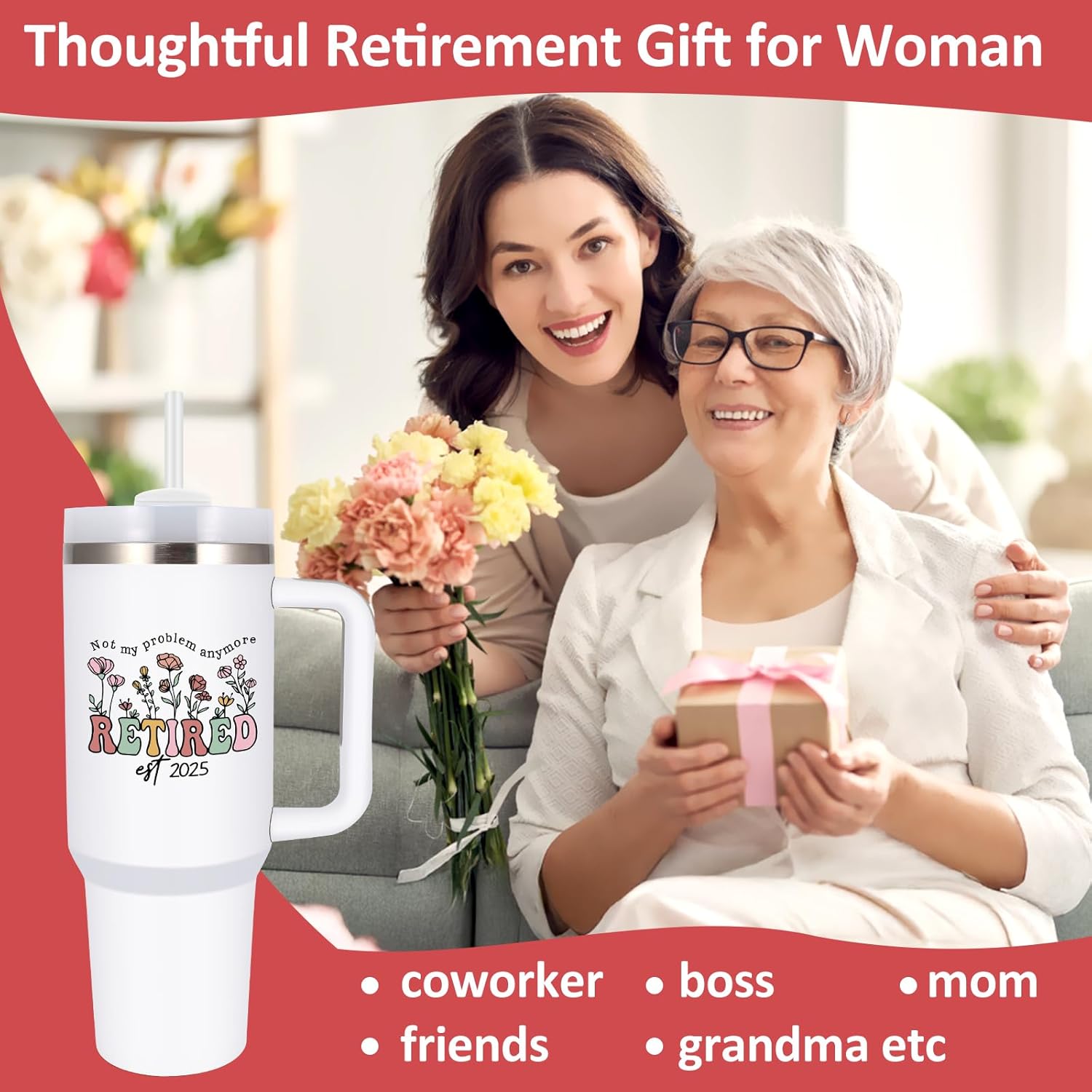 Retired EST 2025 Tumbler with Handle and Straw, 40oz Retirement Travel Mug Cup for Coworkers Colleague Boss, Happy Retirement Gifts for Women Teacher Nurse, Retirees Stainless Steel Tumbler Farewell - Image 6