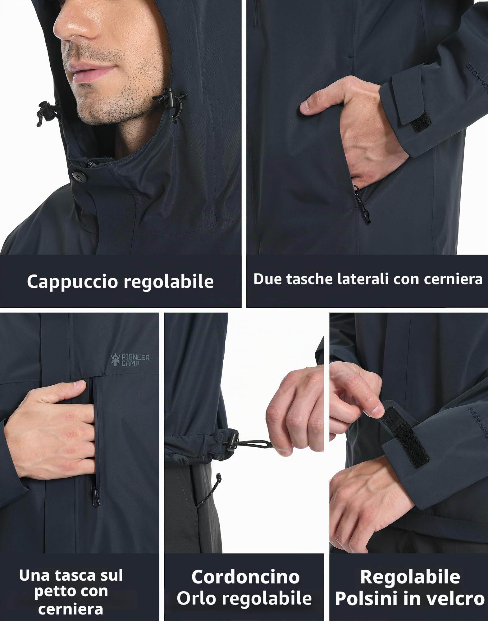 Pioneer Camp Giacca impermeabile traspirante da uomo con cappuccio 4 tasche