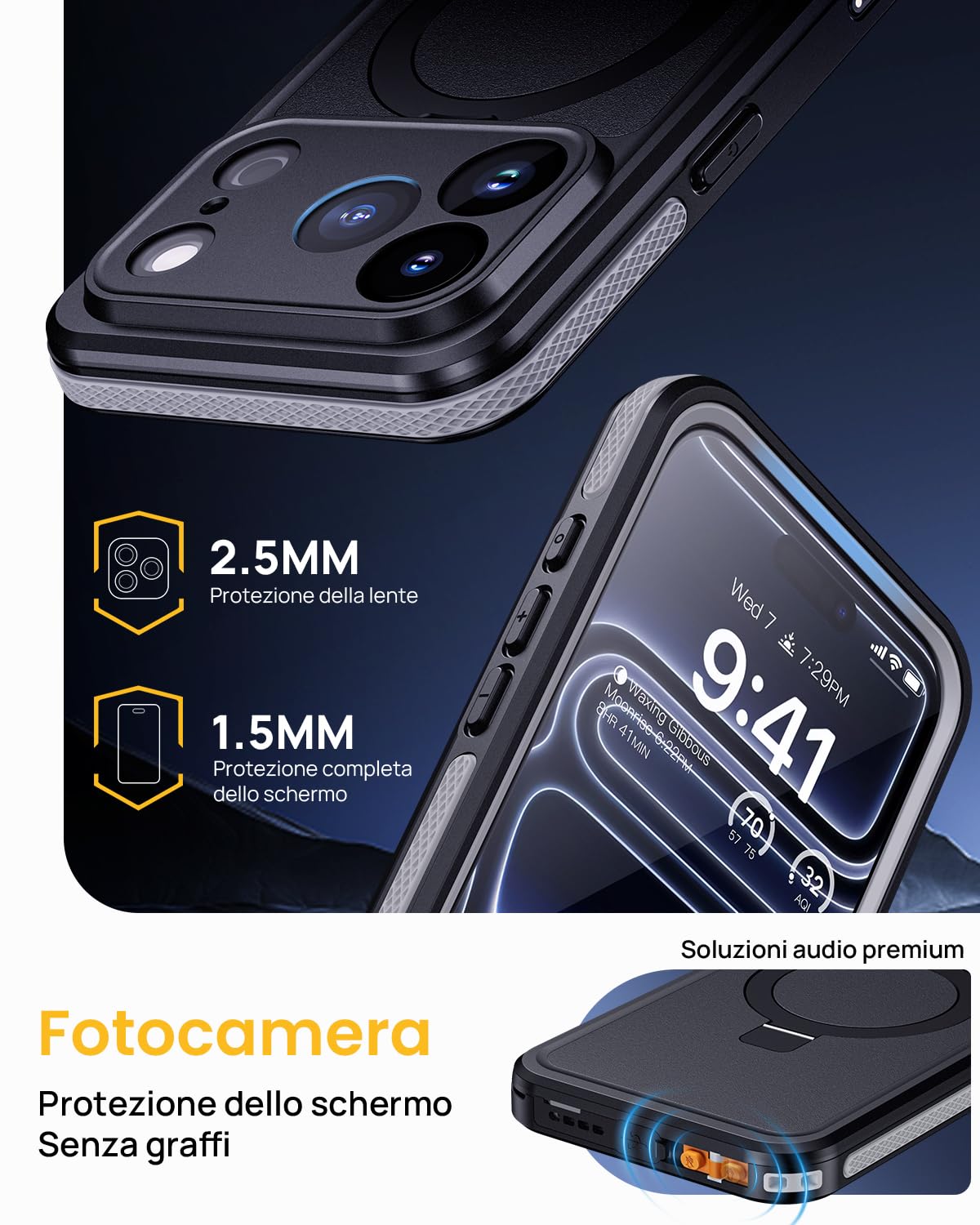Lanhiem Cover Per iPhone 17 Pro Impermeabile con Cavalletto[IP68 Waterproof] Resistente Alle Cadute e ai Graffi Custodia Antipolvere Subacquea,per iPhone 17 Pro Protezione Militare a 360 Gradi,Nero