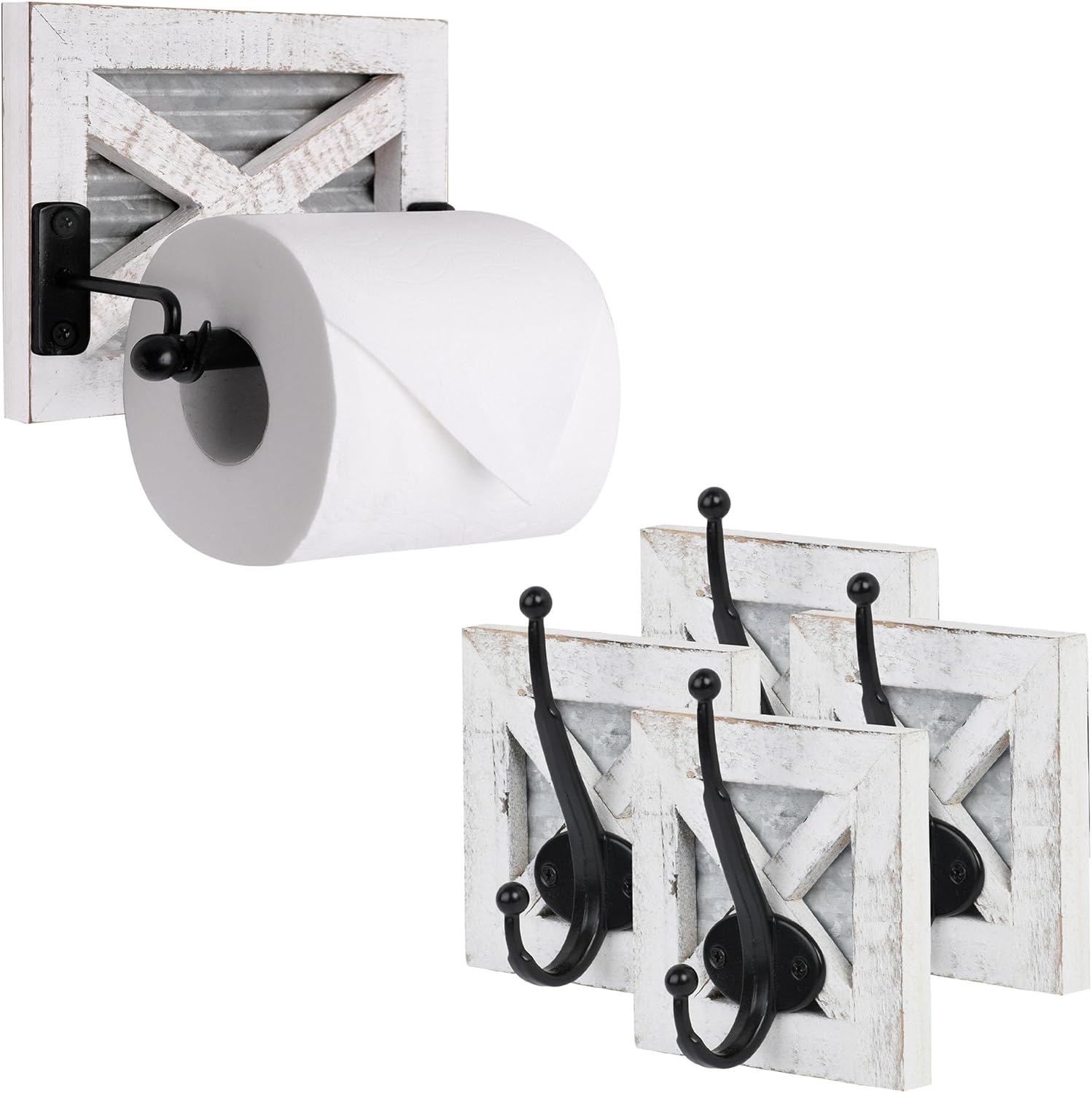 Autumn Alley Farmhouse Bathroom White Decor Set – Rustic Toilet Paper Holder & Wall Hooks – White Washed Wood, Galvanized Metal & Matte Black Accents – Perfect for Farmhouse Bathroom Charm