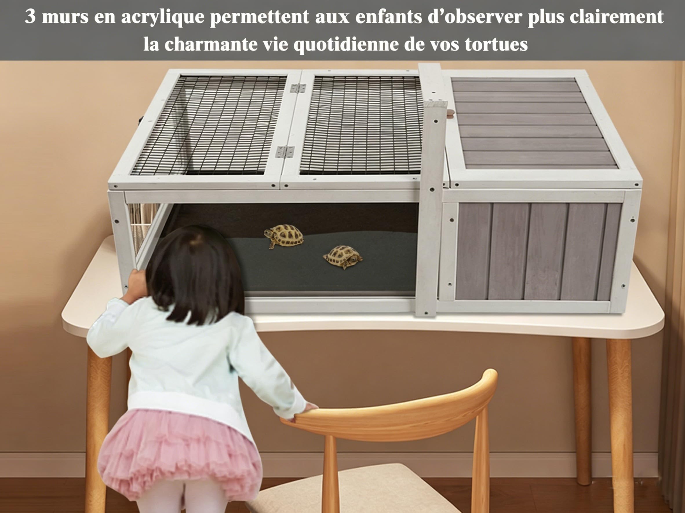 HiCaptain Enclos Tortue Exterieur Bois avec Fond, Cage Cochons d'Inde Exterieur en Bois - Facile à Installer - 91cm x 61cm x 31cm Porte d'évacuation et Grenier