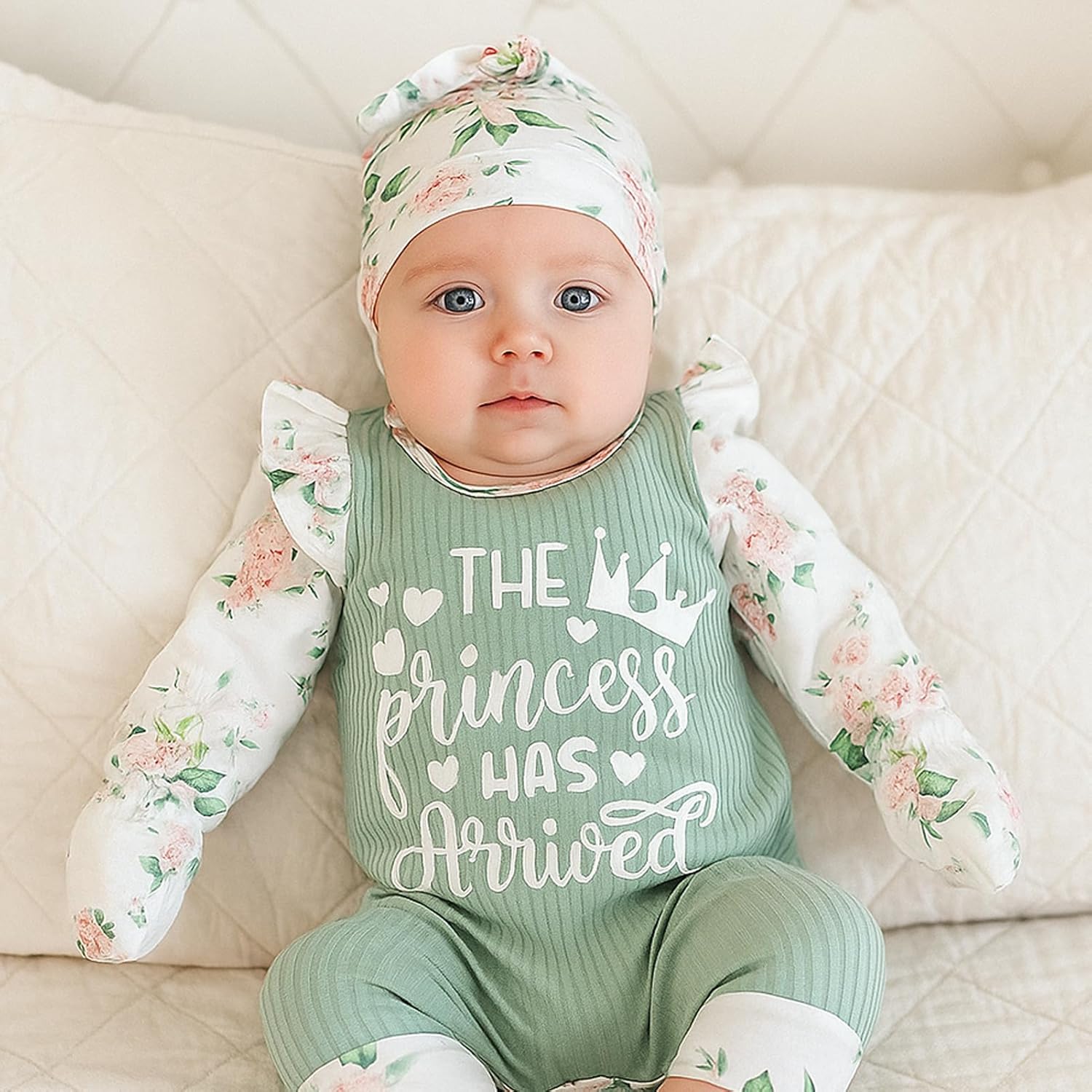 GRNSHTS Newborn Baby Girl Romper Infant Letter Print Jumpsuit Floral Bodysuit+Hat+Headband+Gloves Coming Home Clothes Outfits - Image 7
