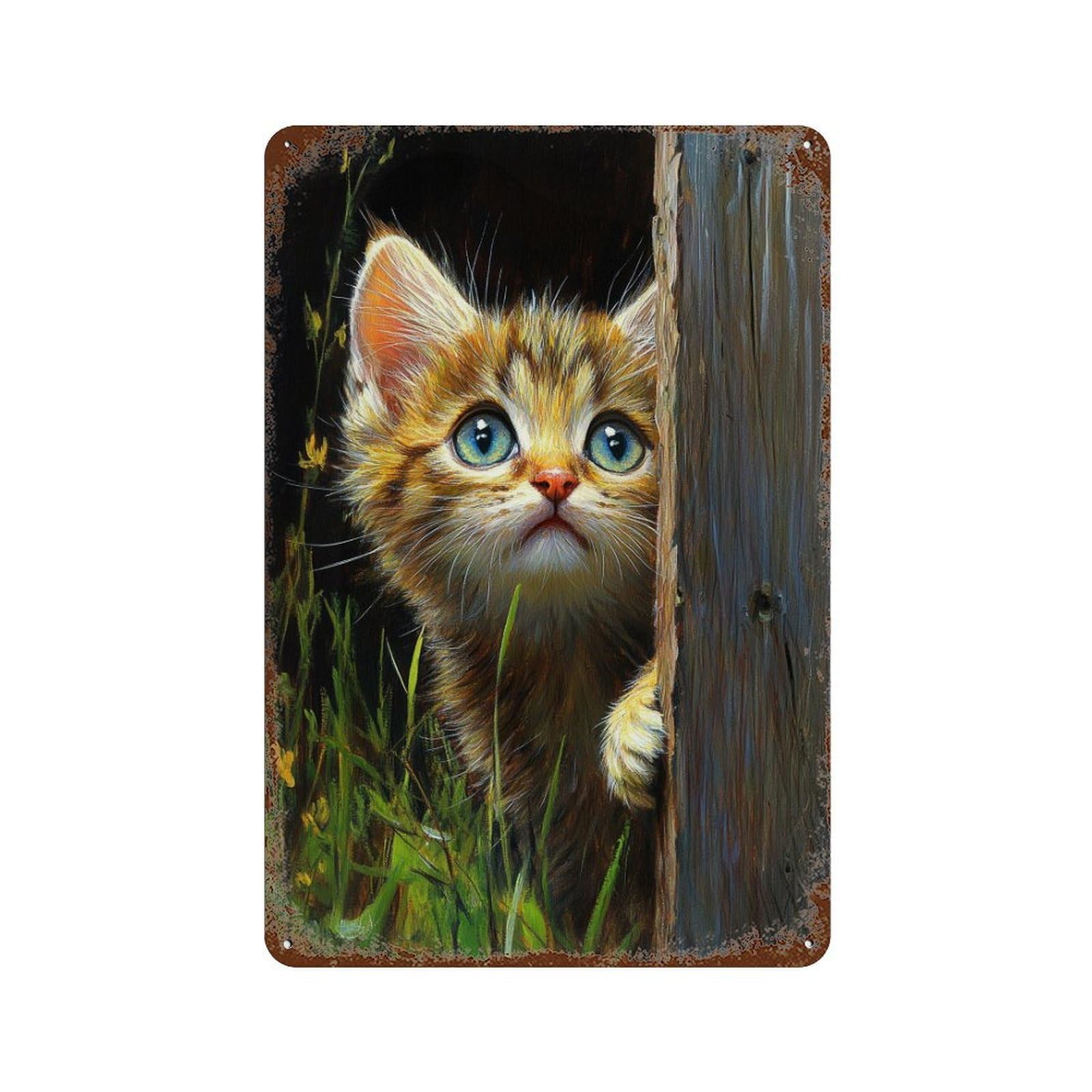 Curious Kitten Peeking Weathered Tin Sign 11.8"x7.9", Classic Wall Plaque for Garage, Bar And Workshop Decor