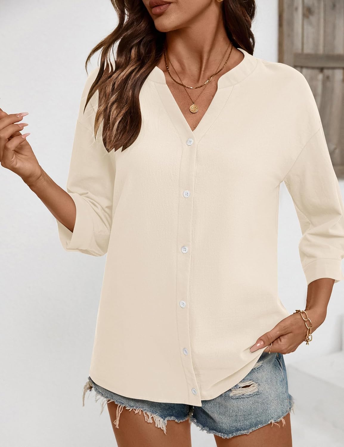 LOMON Womens 3/4 Sleeve Button Down Shirts Cotton Linen Roll Up Short Sleeve Tops V Neck Casual Loose Fit Blouses - Image 5