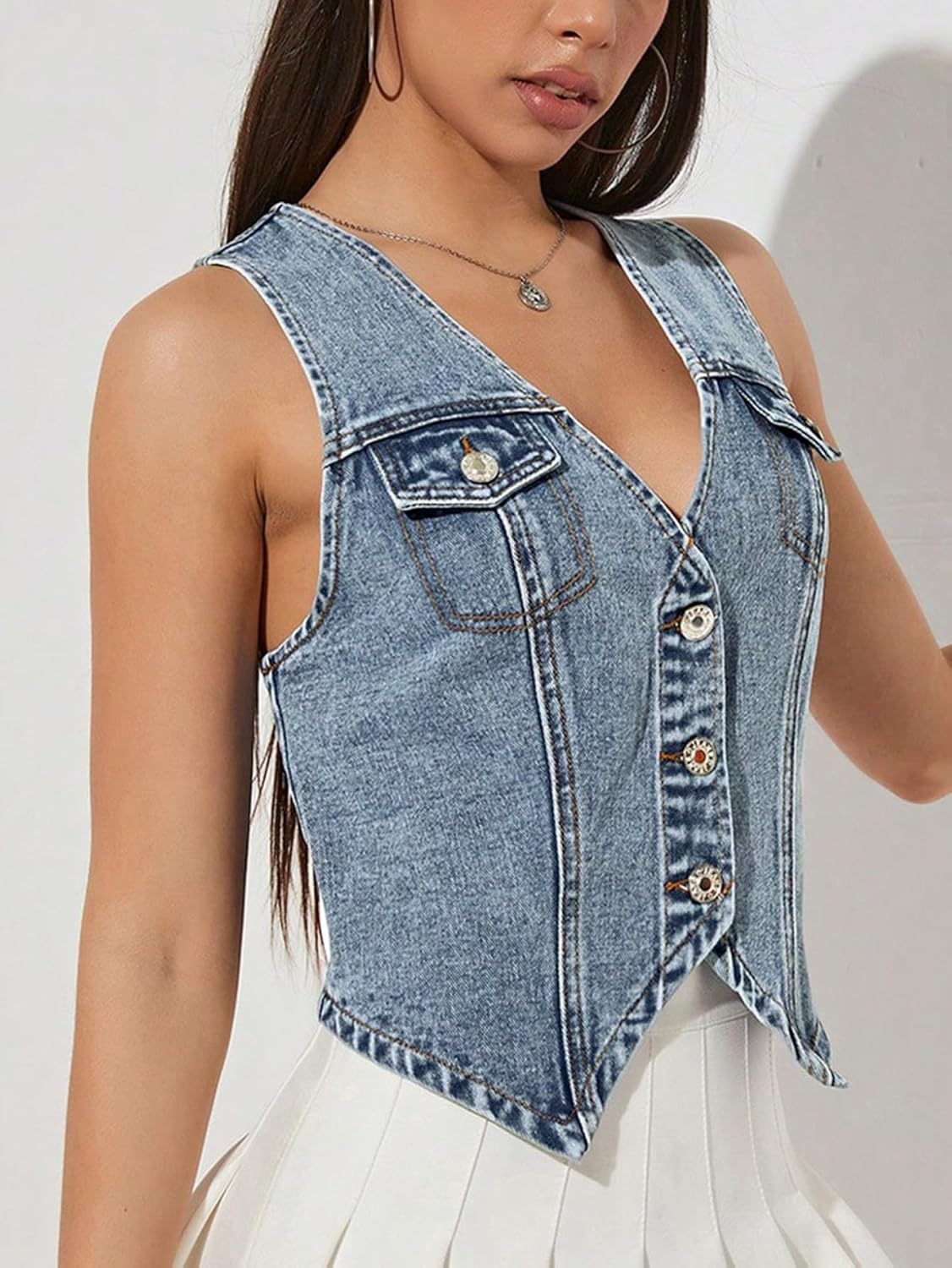 GORGLITTER Women's Denim Vest Top Sleeveless Jean Vest Crop Denim Tank Top Flap Pocket Button Front Y2K Vest 2026