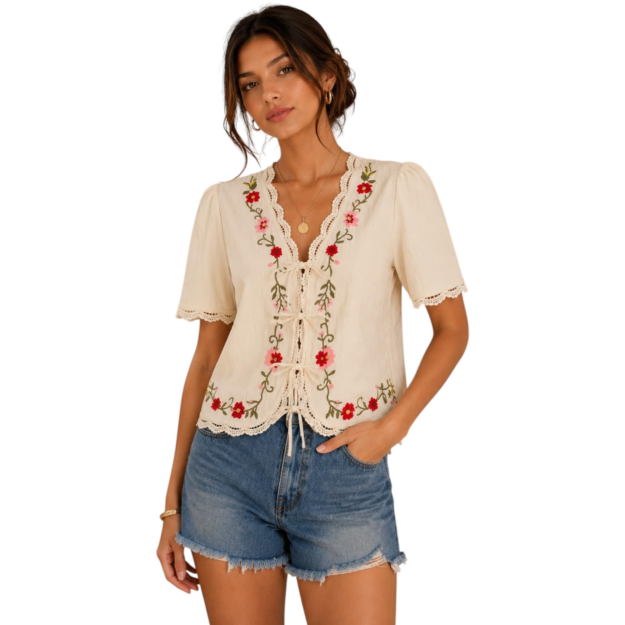 rieka Womens Off-White Floral Embroidered Cotton Top with Tie Up Front Lace Trim Scalloped Hem Puff Sleeves Relaxed Fit Casual Boho Top-picture-14