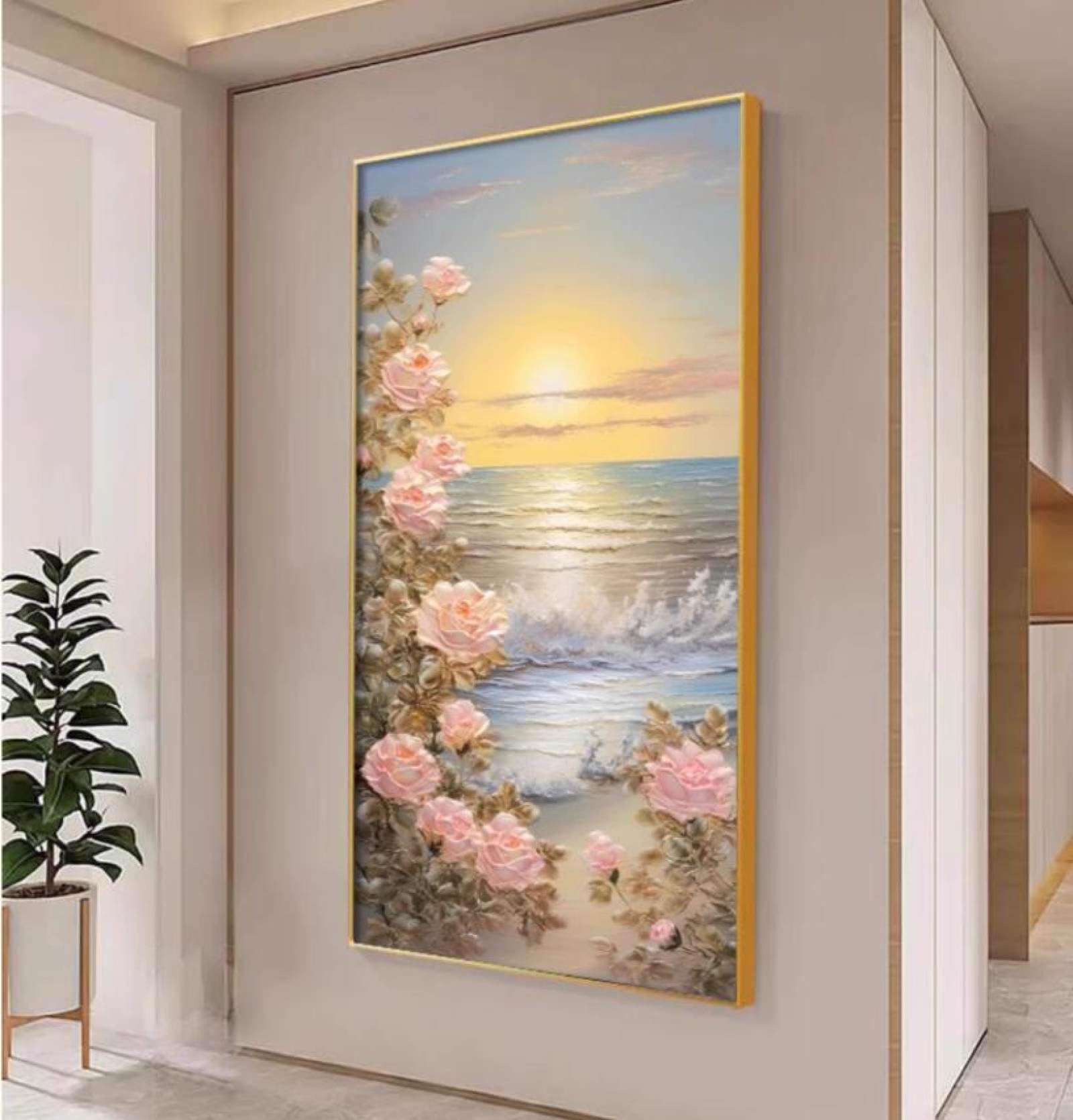 Décoration murale d'art peinte à la main | Tableau contemporain rose grand format