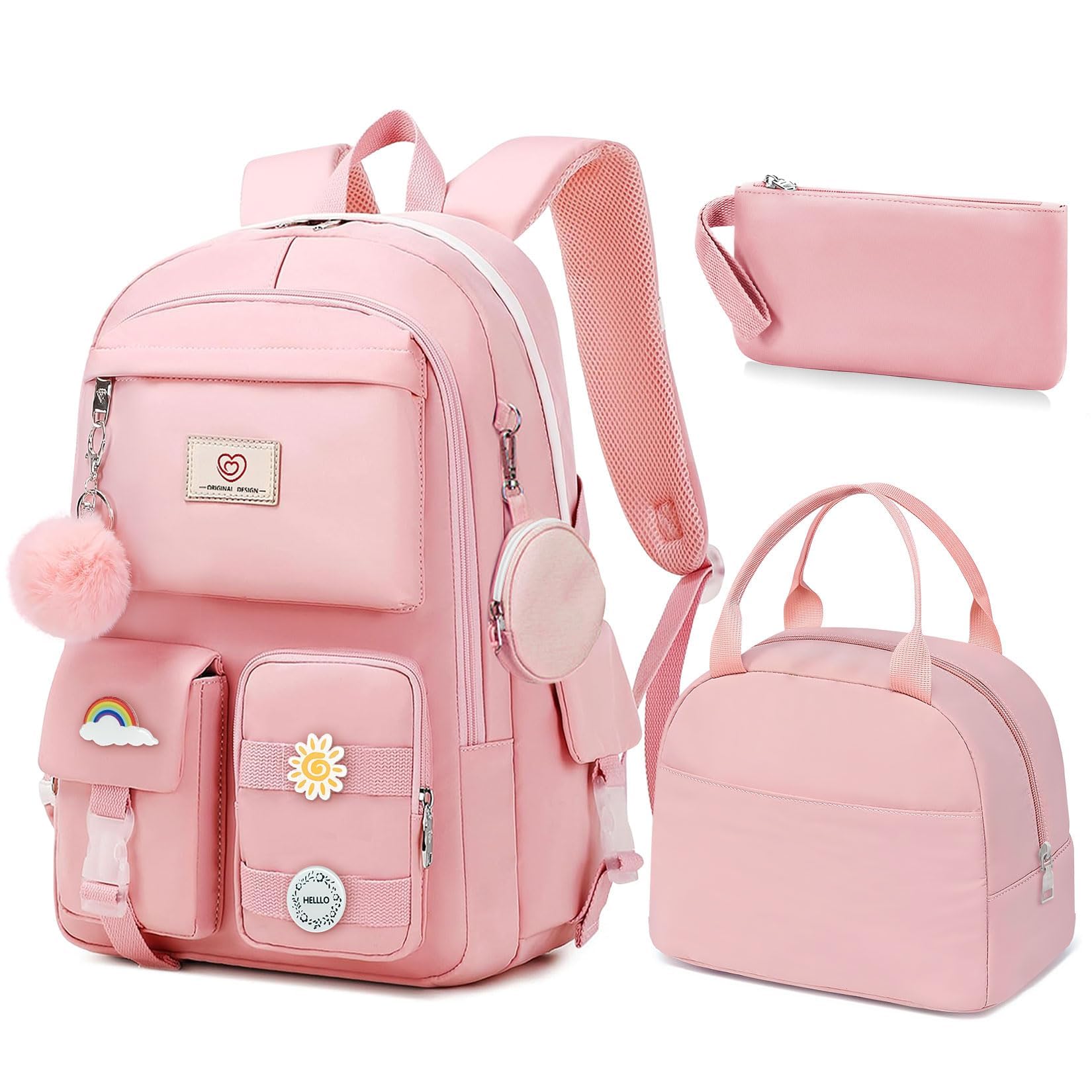 School Backpack For Girls - 6pcs Cute Girls Backpack With Lunch Box Set For Teens Women College Middle High School - 18″ School Bookbag Travel Back