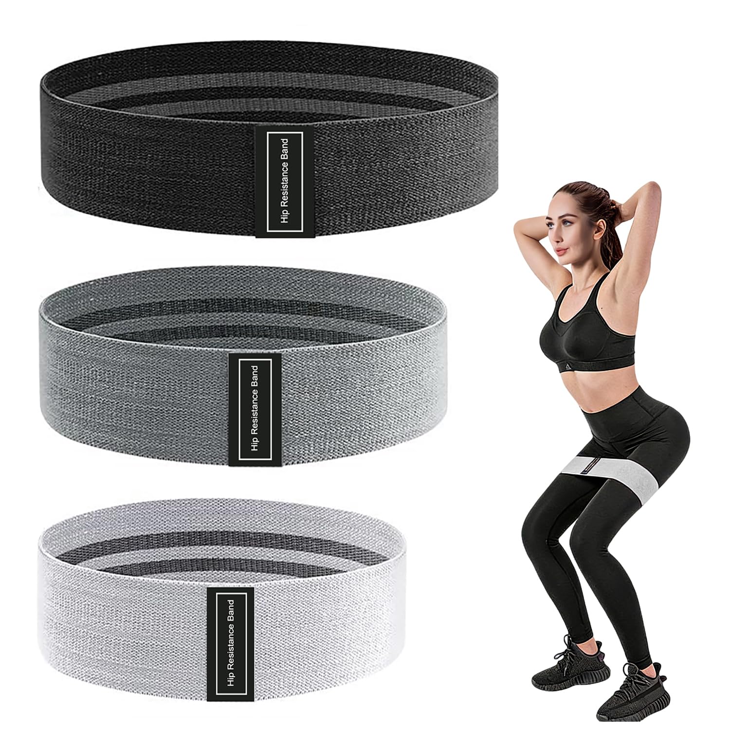 xiluuyou 3 Pack Premium Resistance Bands, Fabric Resistance Bands, Non-Slip Booty Bands for Women and Men, 30-35cm Length, 8cm Width for Strength Training, Yoga, Pilates(Gray, Black)