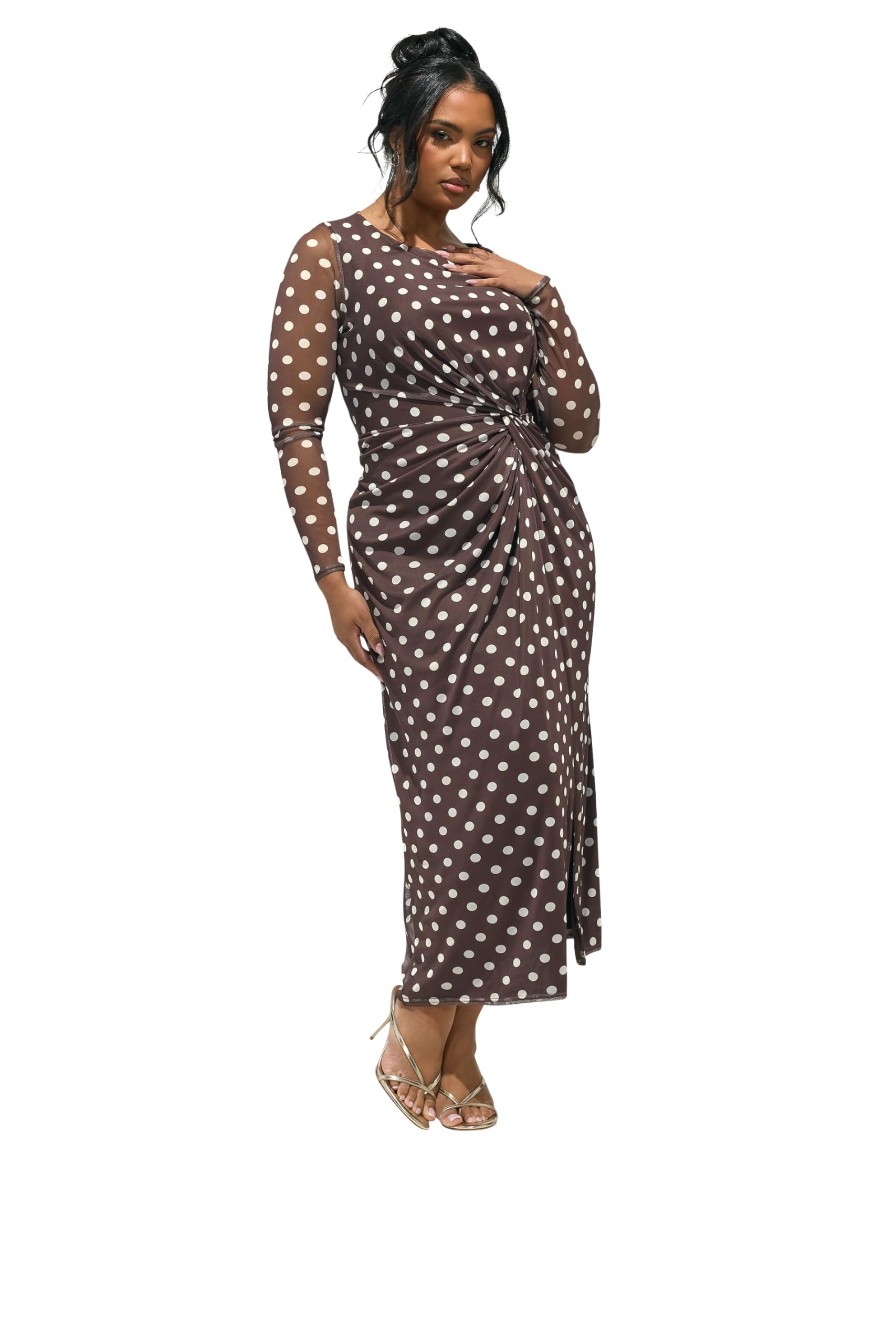 Yours London Curve Brown Polka Dot Knot Dress - Women's - Plus Size Curve