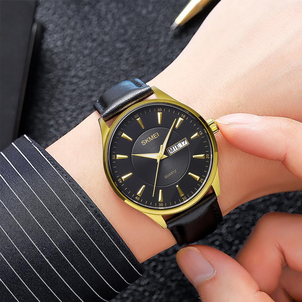 SKMEI Watches for Men Black Leather Fashion Business Dress Classic Casual Simple Analog Waterproof Elegant Dad Fathers Gifts Gold Wrist Watch - Image 2