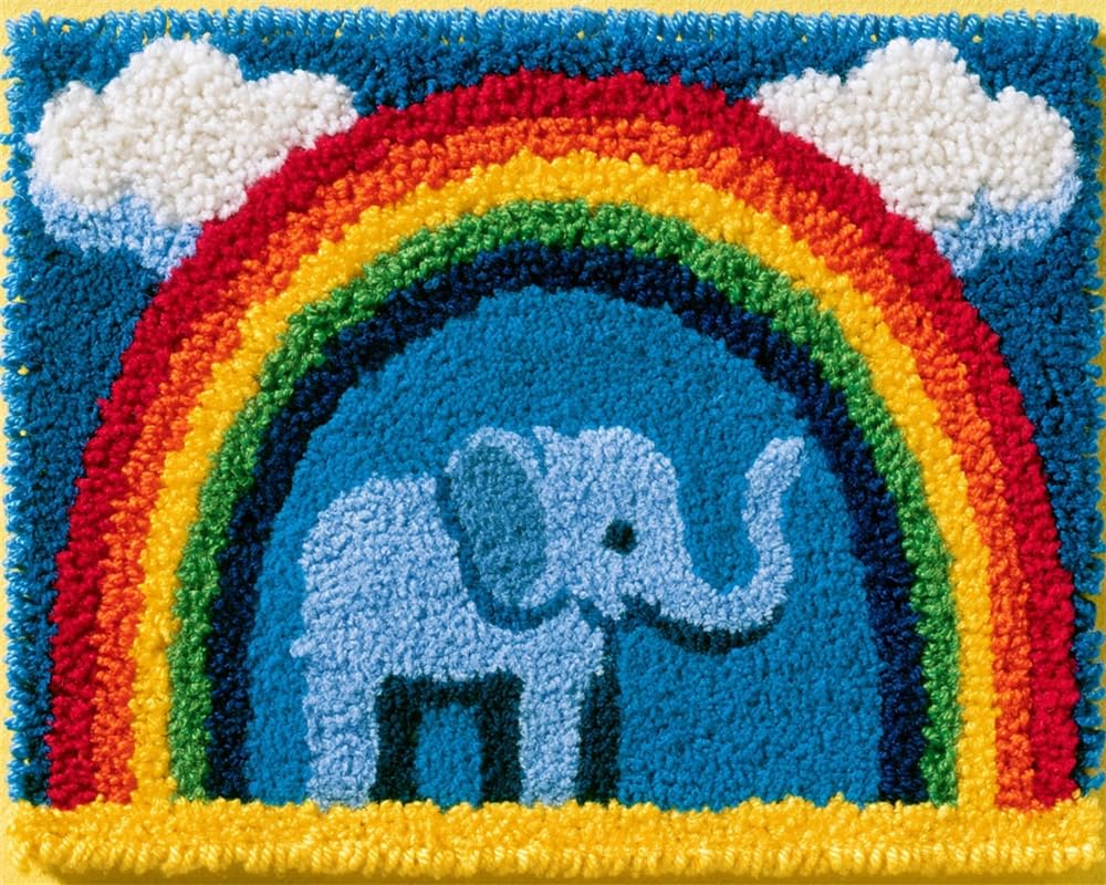 FWRTYCB Latch Hook Rug Kit for Adults Little Elephant Under a Rainbow