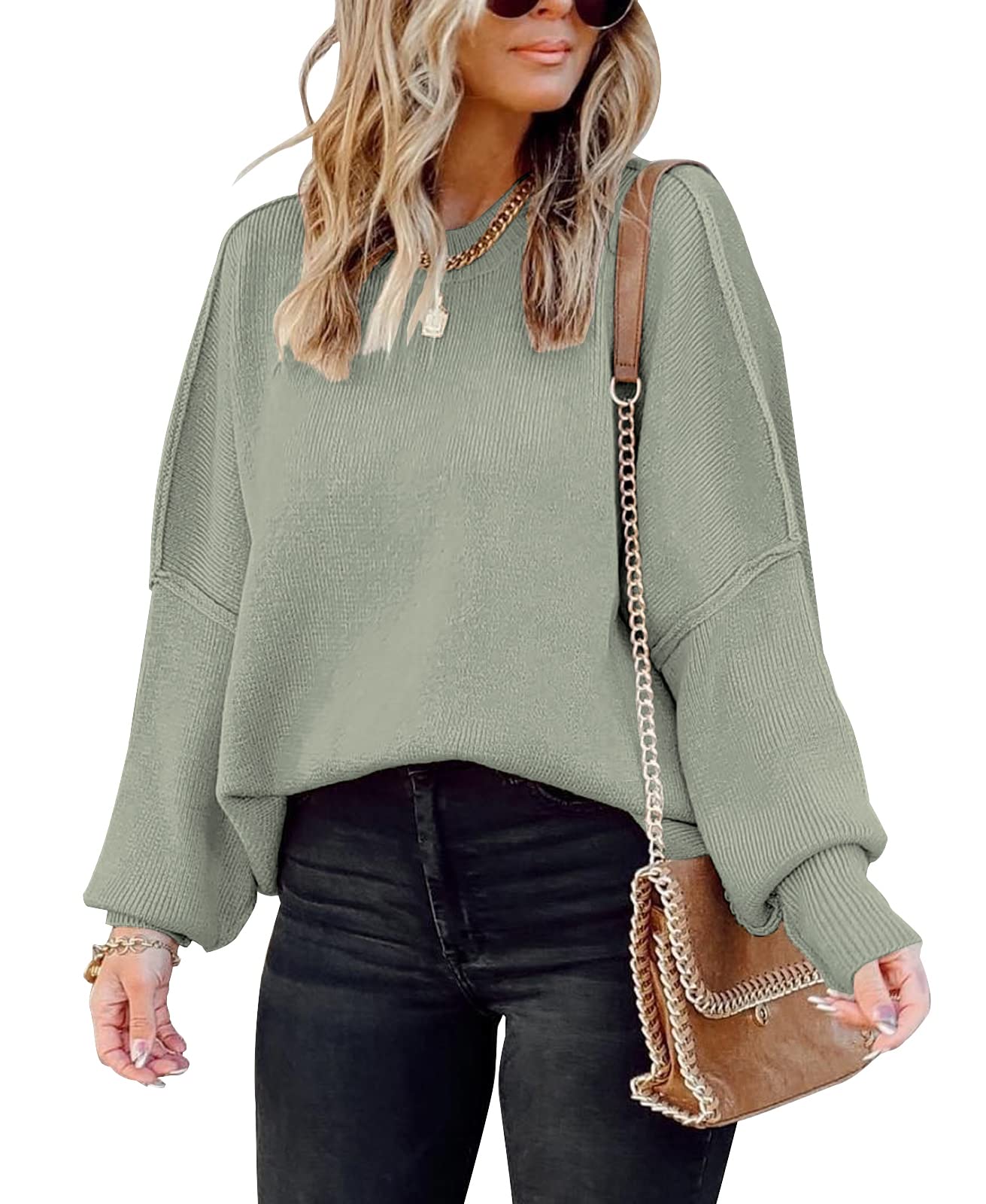 SAUKOLE Womens Sweaters Batwing Sleeve Side Slit Loose Knit Pullover Tops